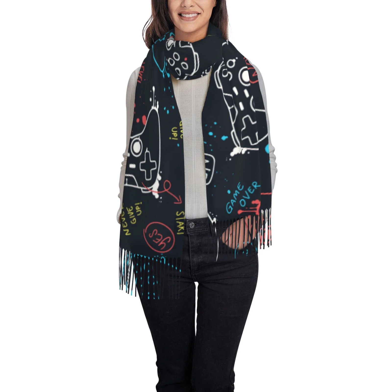 Ocsxa Scarf Shawl Wraps For Women Soft Cashmere Scarf Joystick Gamepad Printed Large Blanket Scarf
