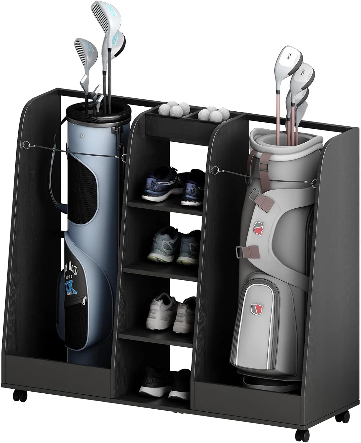 Linor Golf Bag Organizer, Wooden Golf Bag Stand with Wheels, Golf Bag Storage Garage Organizer for Golf Equipment Accessories, Golf Bag Storage Rack for Garage, Home, Office, Basements