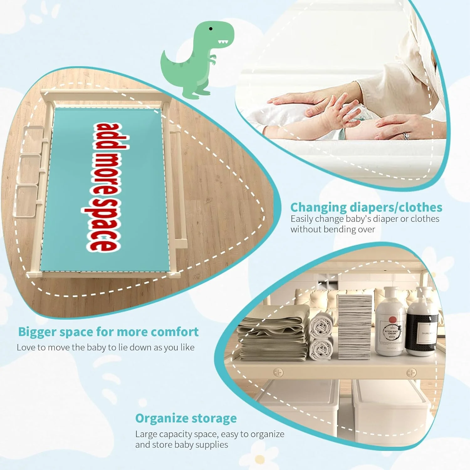 Baby Changing Table with Waterproof pad, Diaper Changing Station with Wheels, Portable Mobile Nursery Organizer for Newborn and Infant, Features Large Storage and Shelf, Beige