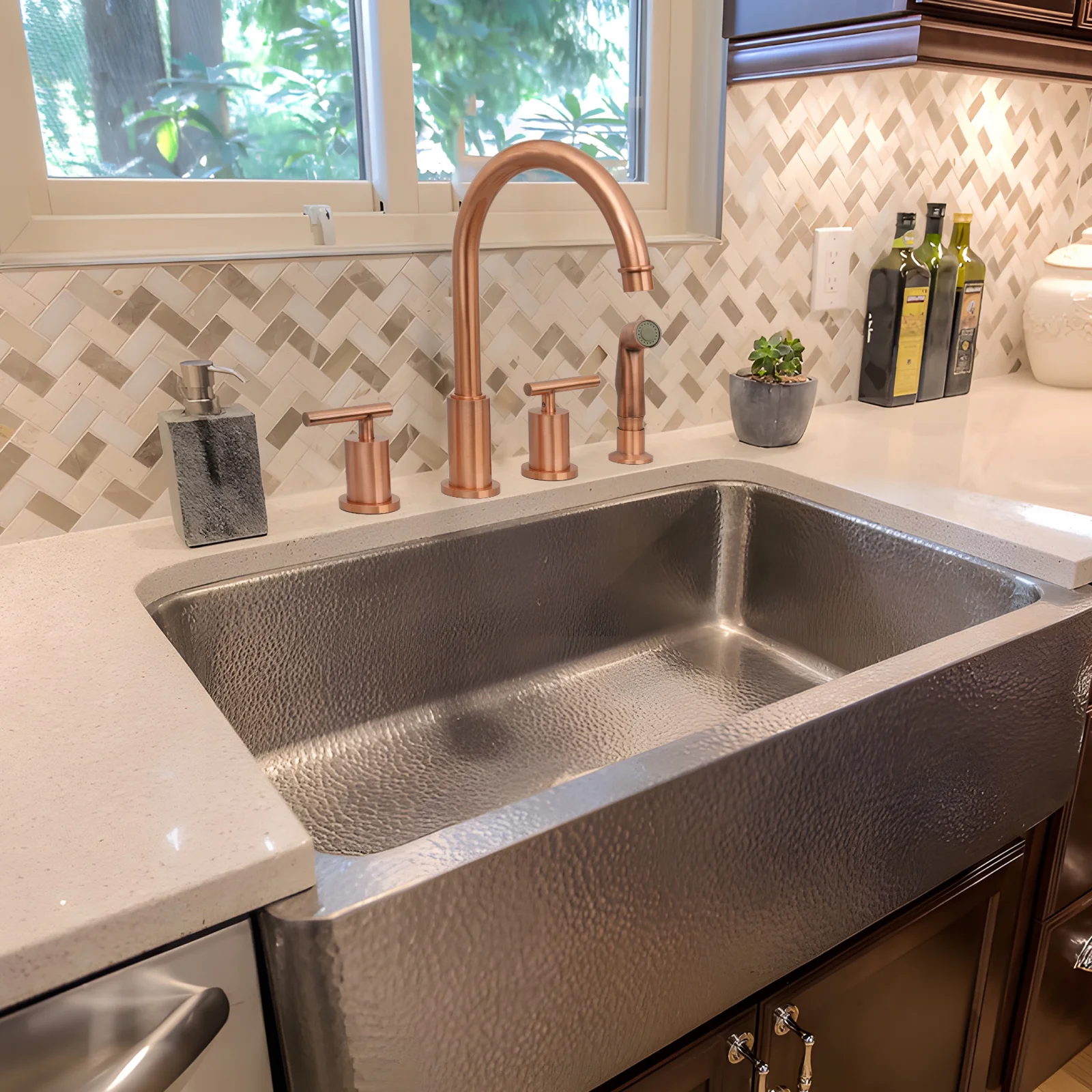 Akicon Two-Handles Copper Widespread Kitchen Faucet with Side Spray - 12.5