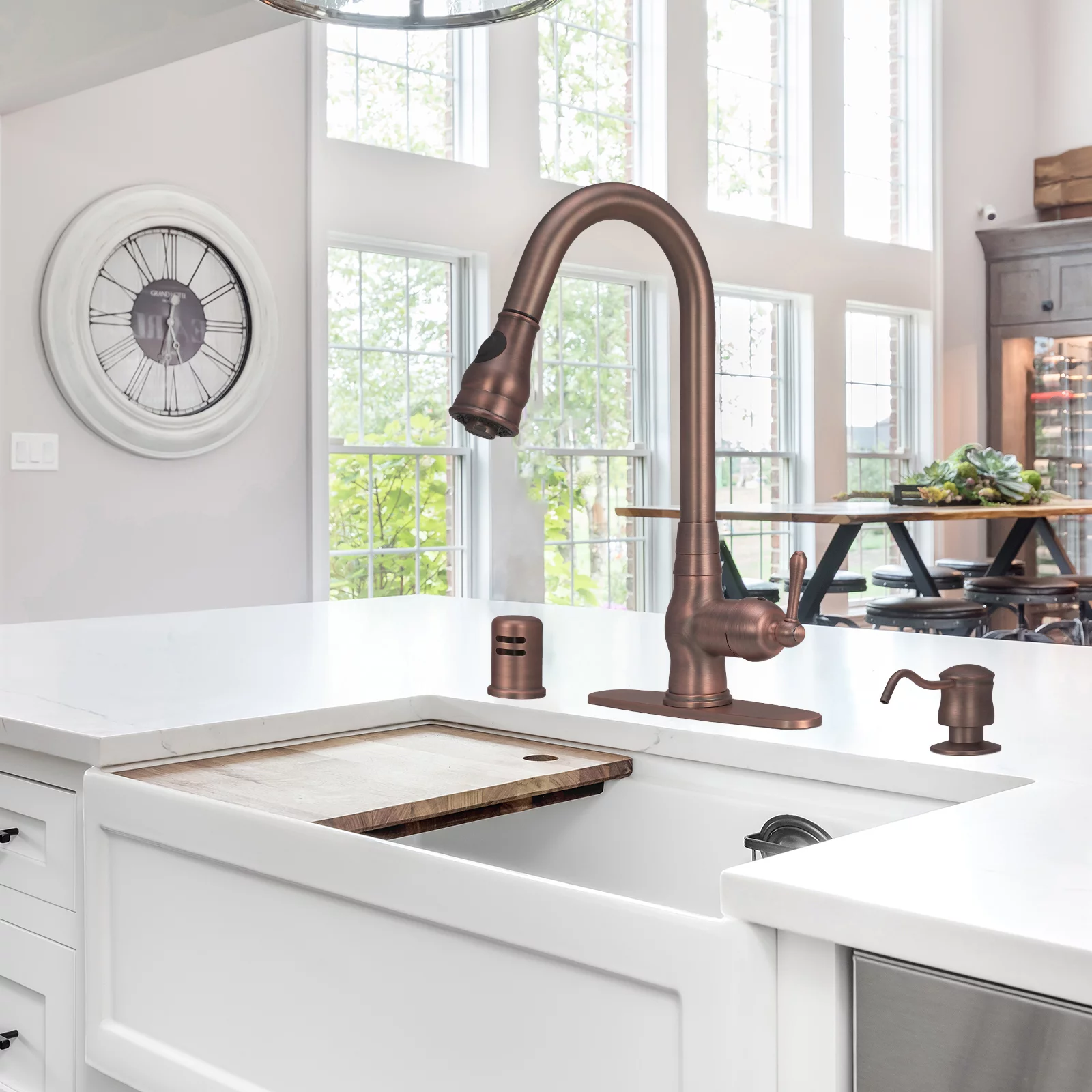 Akicon Copper Pull Out Kitchen Faucet with Deck Plate, Solid Brass Kitchen Sink Faucets with Pull Down Sprayer - Antique Bronze