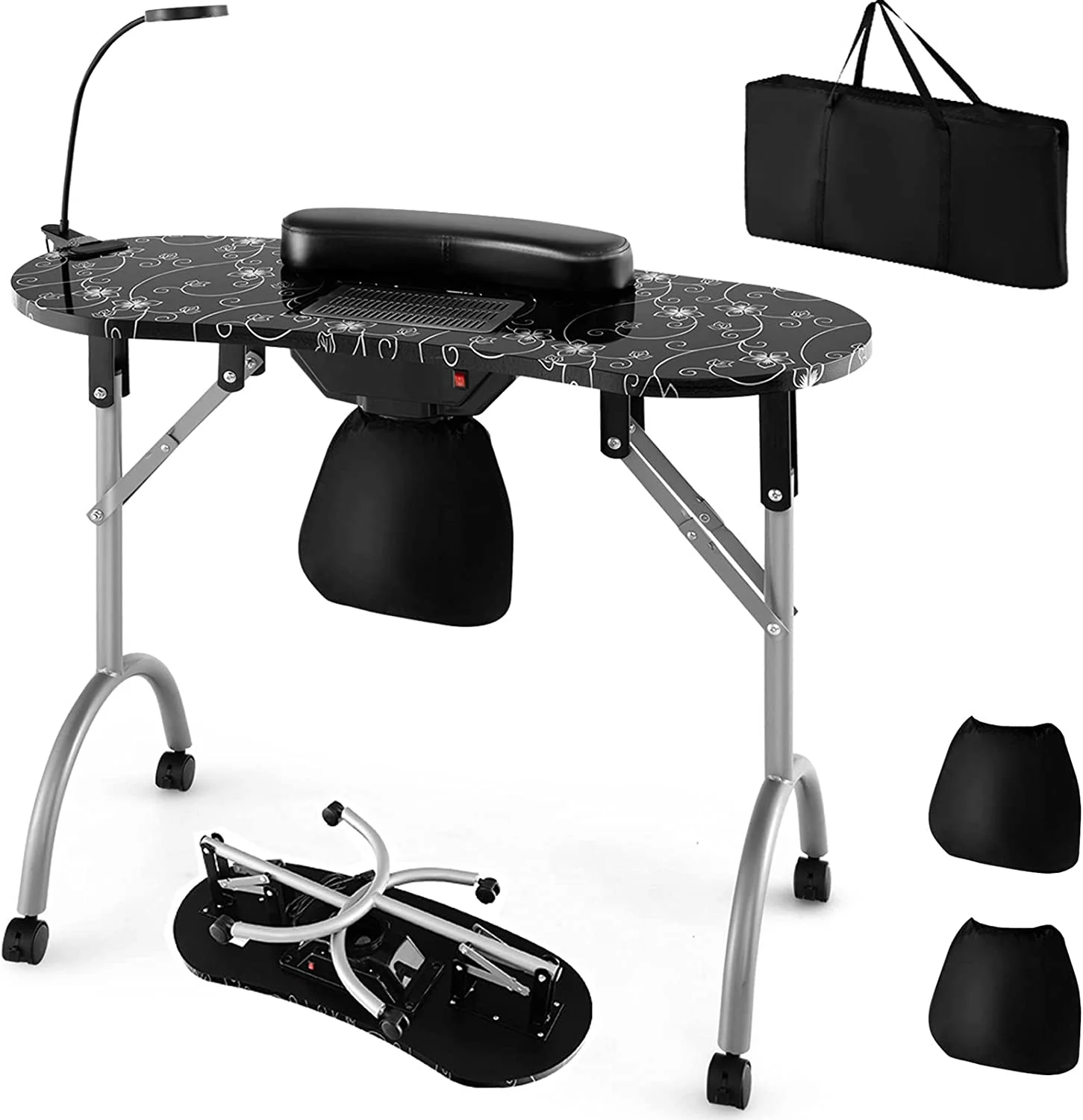 YiSHOP Nail Table for Nail Tech, Portable Manicure Table with Electric Dust Collector, USB-Plug LED Lamp, Wrist Rest, 4 Lockable Wheels, Foldable Nail Desk with Carry Bag (Black)