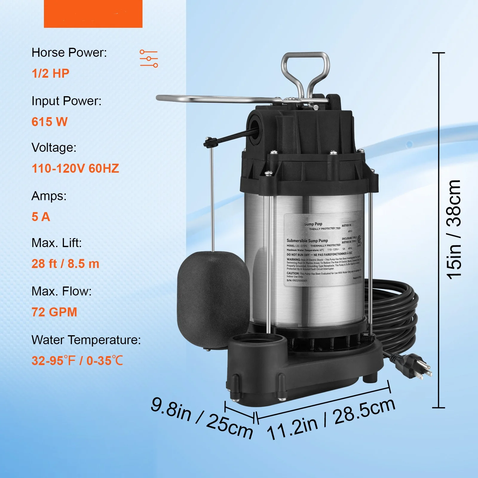 BENTISM Submersible Sump Pump Water Pump 1/2 HP 4320GPH Cast Iron Steel Basement