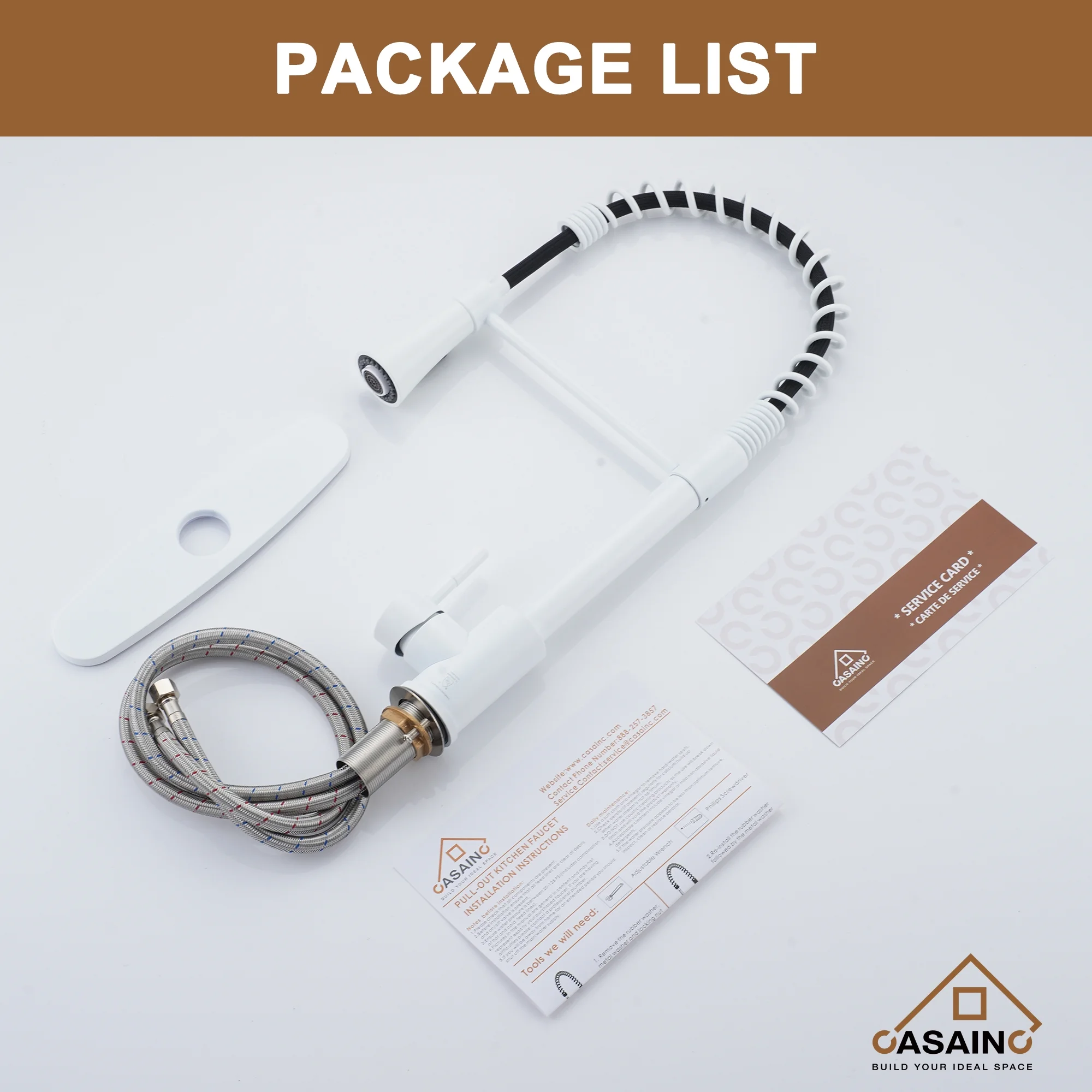 Single Handle Spring Standard Kitchen Faucet Deck Mounted Kitchen Sink Faucet with Dual-Function Sprayhead and Deck Plate in Matte White