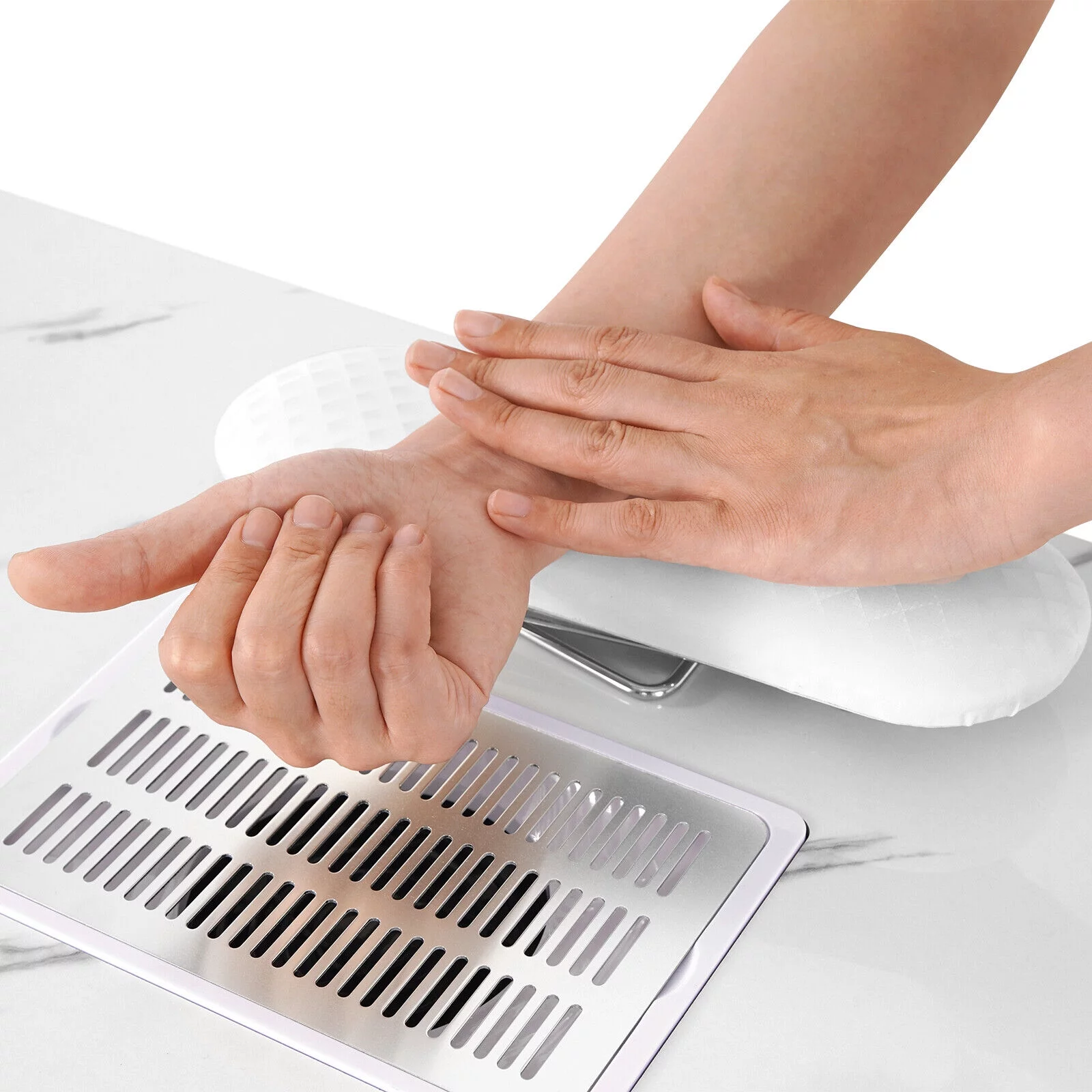 Marble White Manicure Table Nail Desk Technician Desk Salon Workstation with Electric Dust Collector, Shelves, Foldable Armrest, Golden Legs