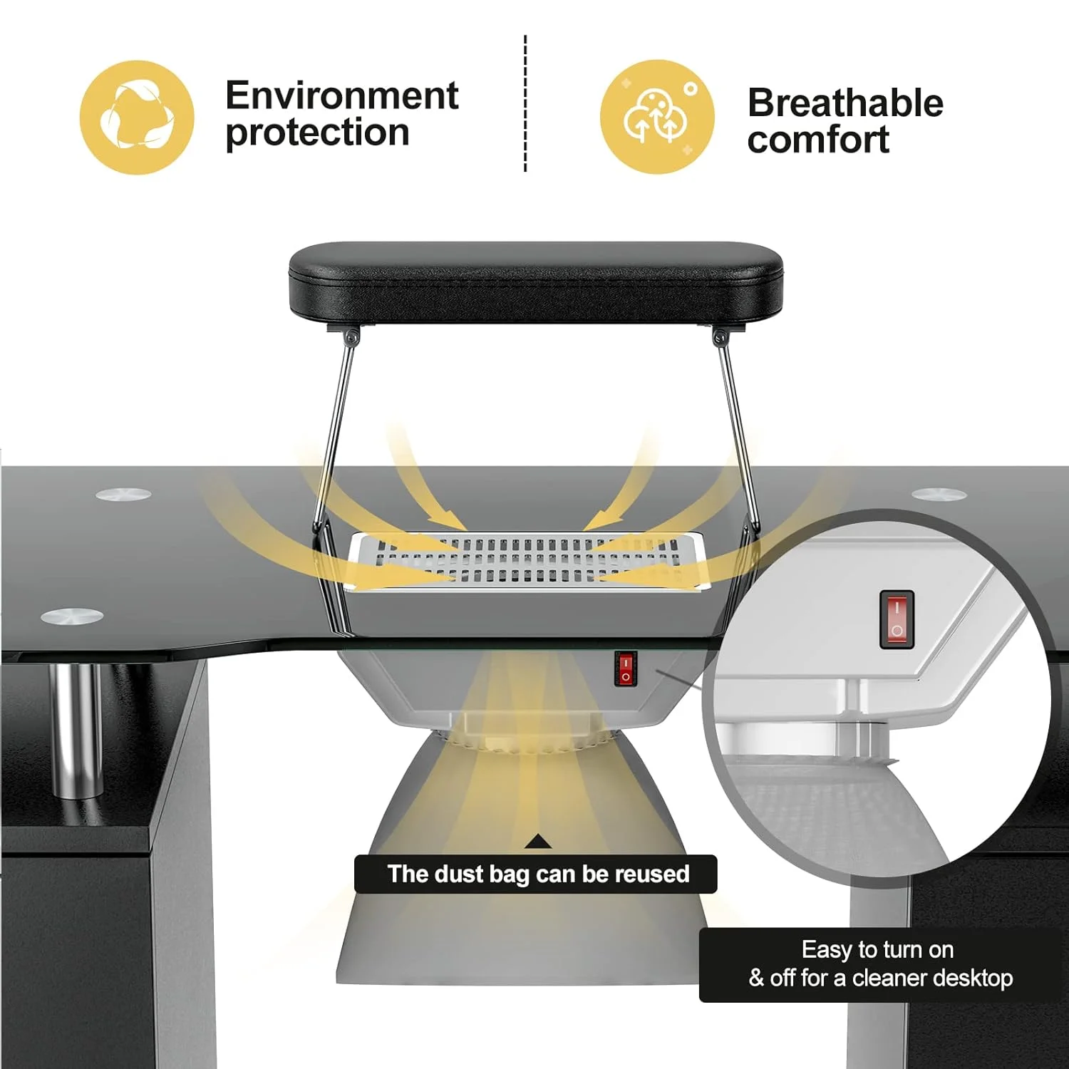 YiSHOP  Manicure Table, Glass Table Top Nail Table Station Nail Makeup Desk for Nail Tech w/Electric Downdraft Vent, Foldable Nail Arm Rest, Lockable Wheels, Storage Drawers, Wooden Handles (Black)