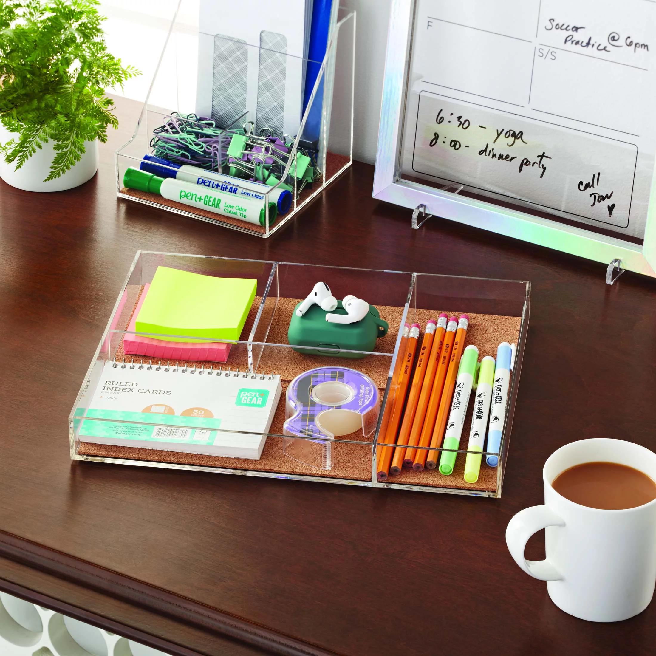 Pen+Gear 4 Grids Organization Tray with Cork Tile, Clear, 1 Pack