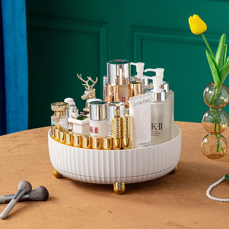 Hmess Makeup Perfume Organizer For Dresser, Cosmetic Bathroom Desk Storage Lotions Display Stand Case, Round Gift Tray-White11 * 4in