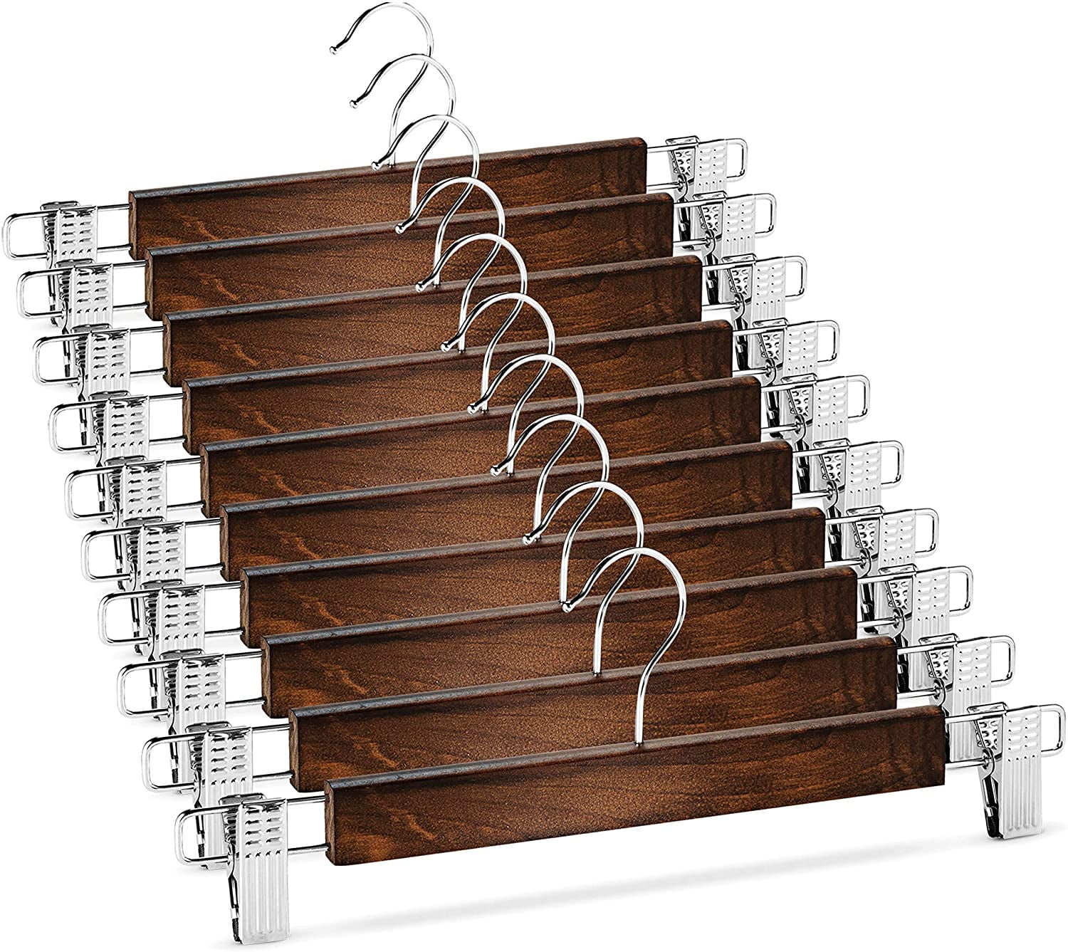 High-Grade Wood Pants Hangers with Metal Clips 20 Pack Grip Clip Pants Hanger, Smooth Finish Solid Wood Jeans/Skirt Hanger, 360Â° Swivel Hook - Clip Hanger for Pant, Skirts, Slacks, Bottoms Hangers