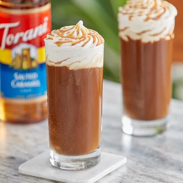 Torani Salted Caramel Flavoring Syrup 24.5 oz (750 mL) Plastic Bottle + Gold Syrup Pump l Pack of 2