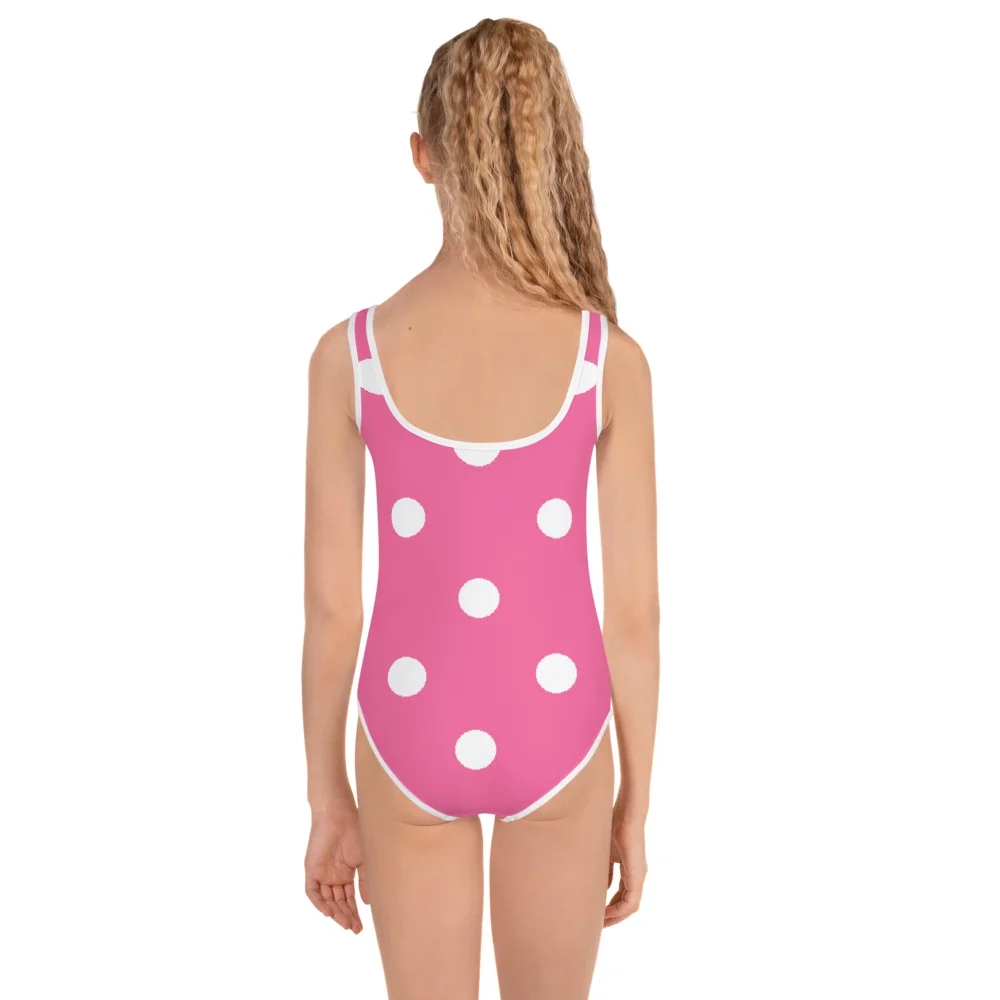 Brilliant Rose Pink with White Polka Dots Kids Swimsuit , Swimwear for Girls (6X)