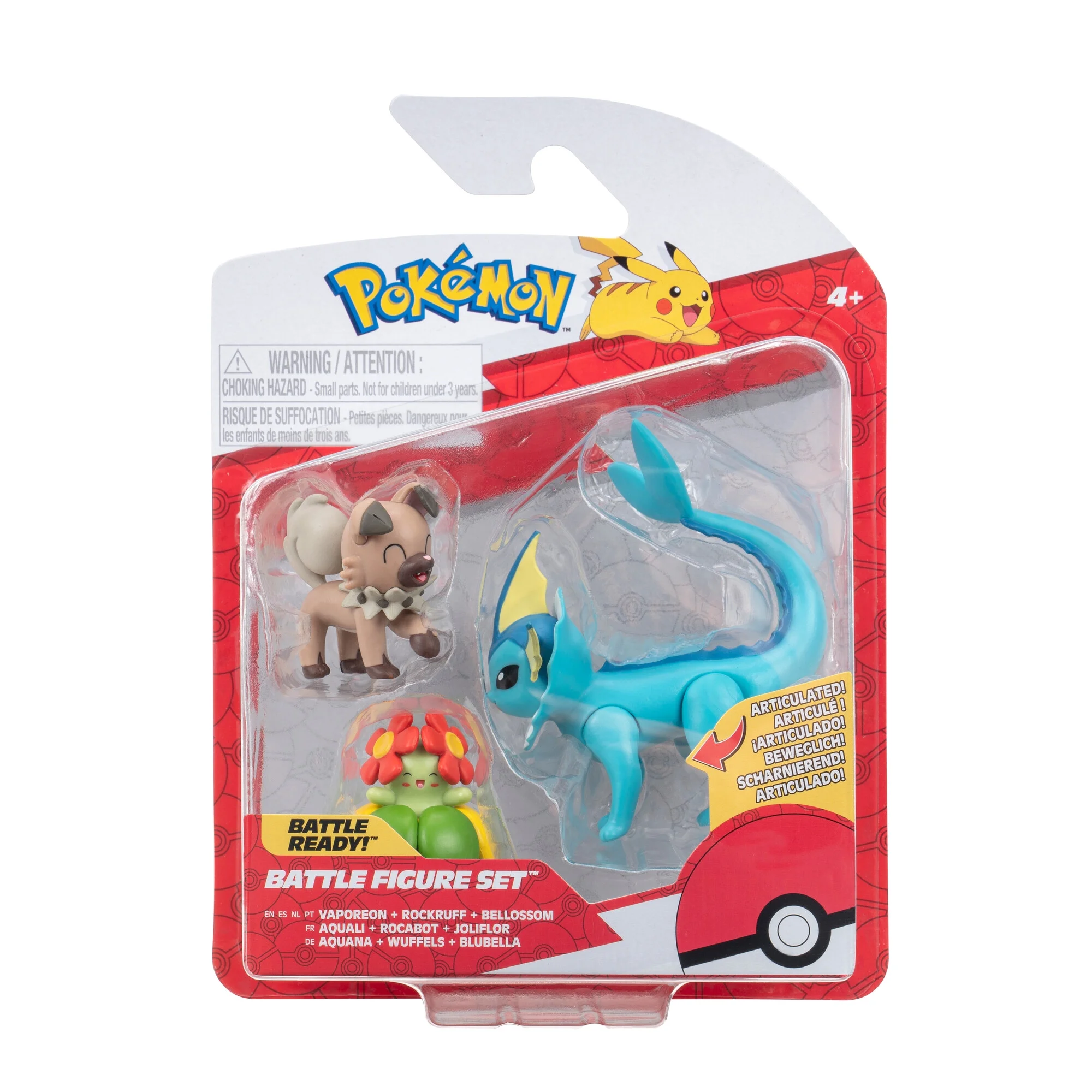 Pokemon Battle Figure 3 Pack - Features 2 inch Rockruff and Bellossom and 3 inch Vaporeon
