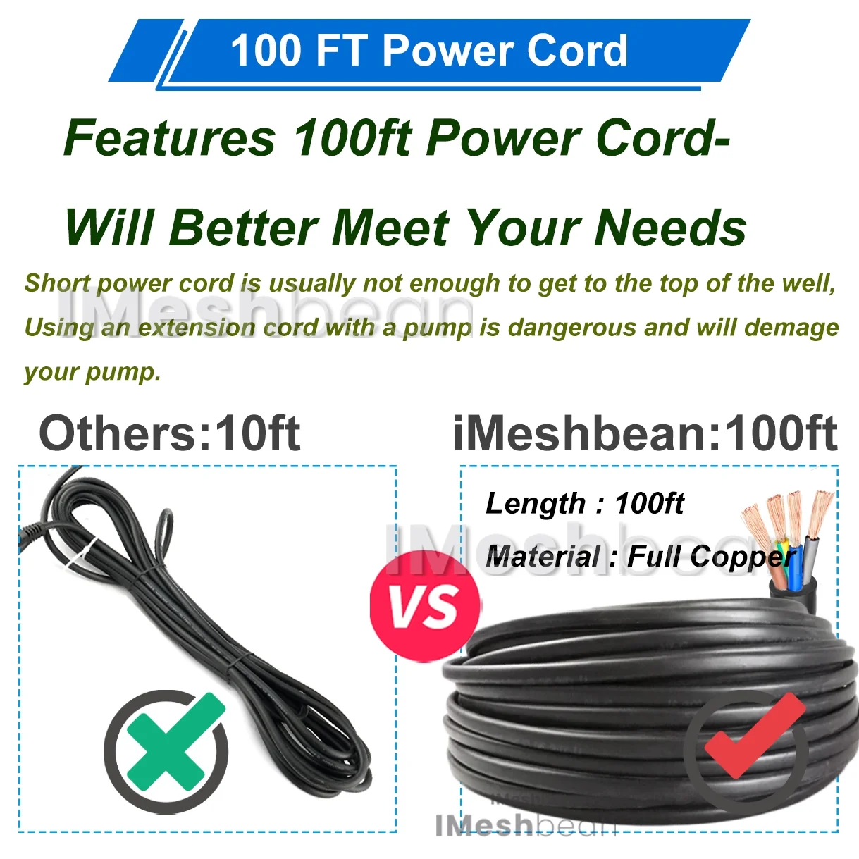 iMeshbean Deep Submersible Well Pump 1HP 220V,207ft Head 33GPM with 100ft Cord,Submersible Well Pump 4
