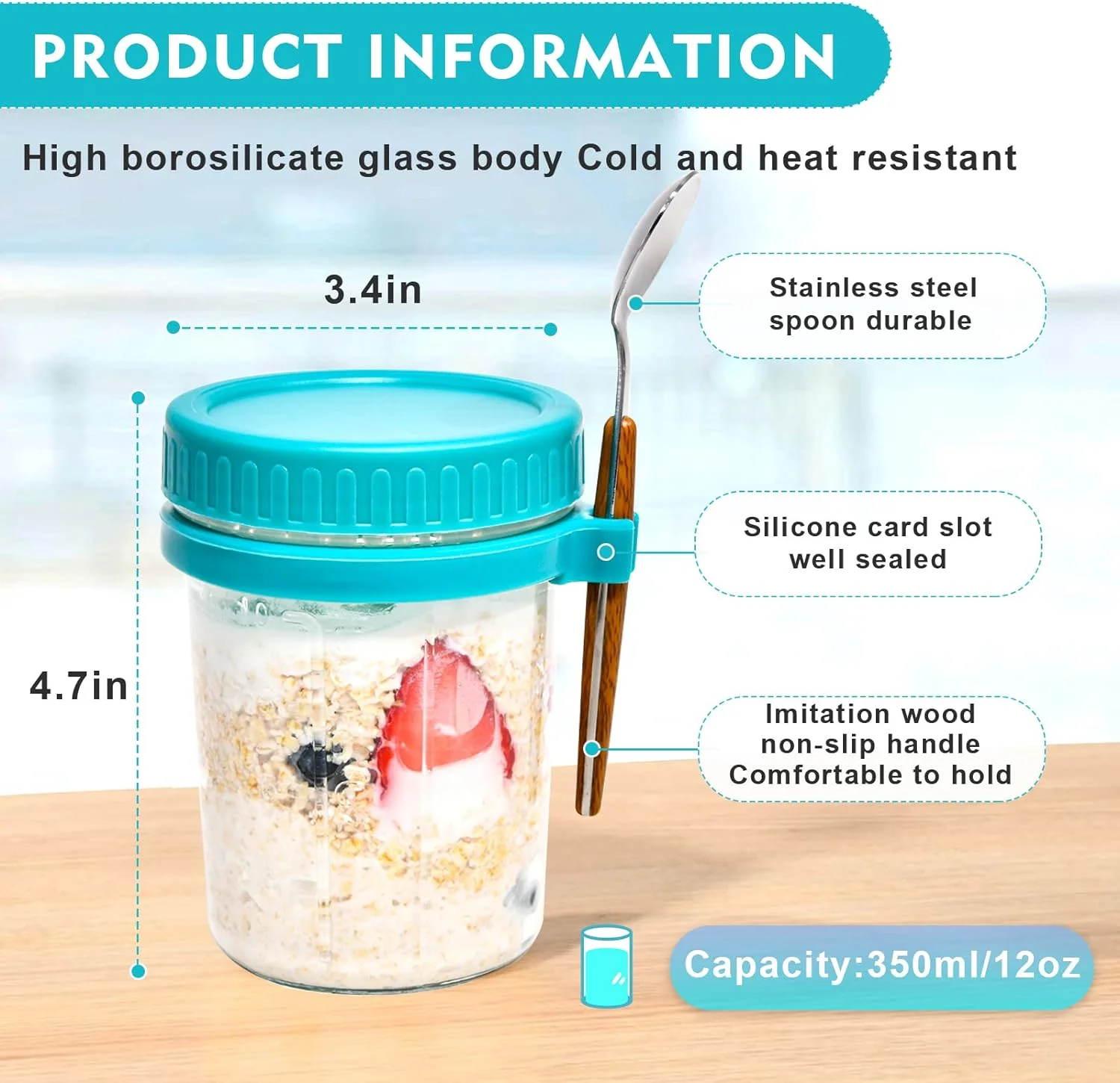 SUSWIM 4 Pack Overnight Oats Containers with Lids and Spoons, 16 oz Glass Mason Overnight Oats Jars, Large Capacity Airtight Jars for Milk, Cereal, Fruit（red，yellow，green，Purple）