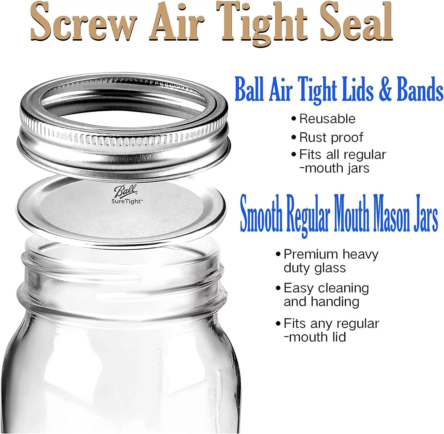Regular Mouth Mason Jars 8 oz - (4 Pack) - Regular Mouth 8-Ounces Mason Jars With Ball Airtight lids and Bands