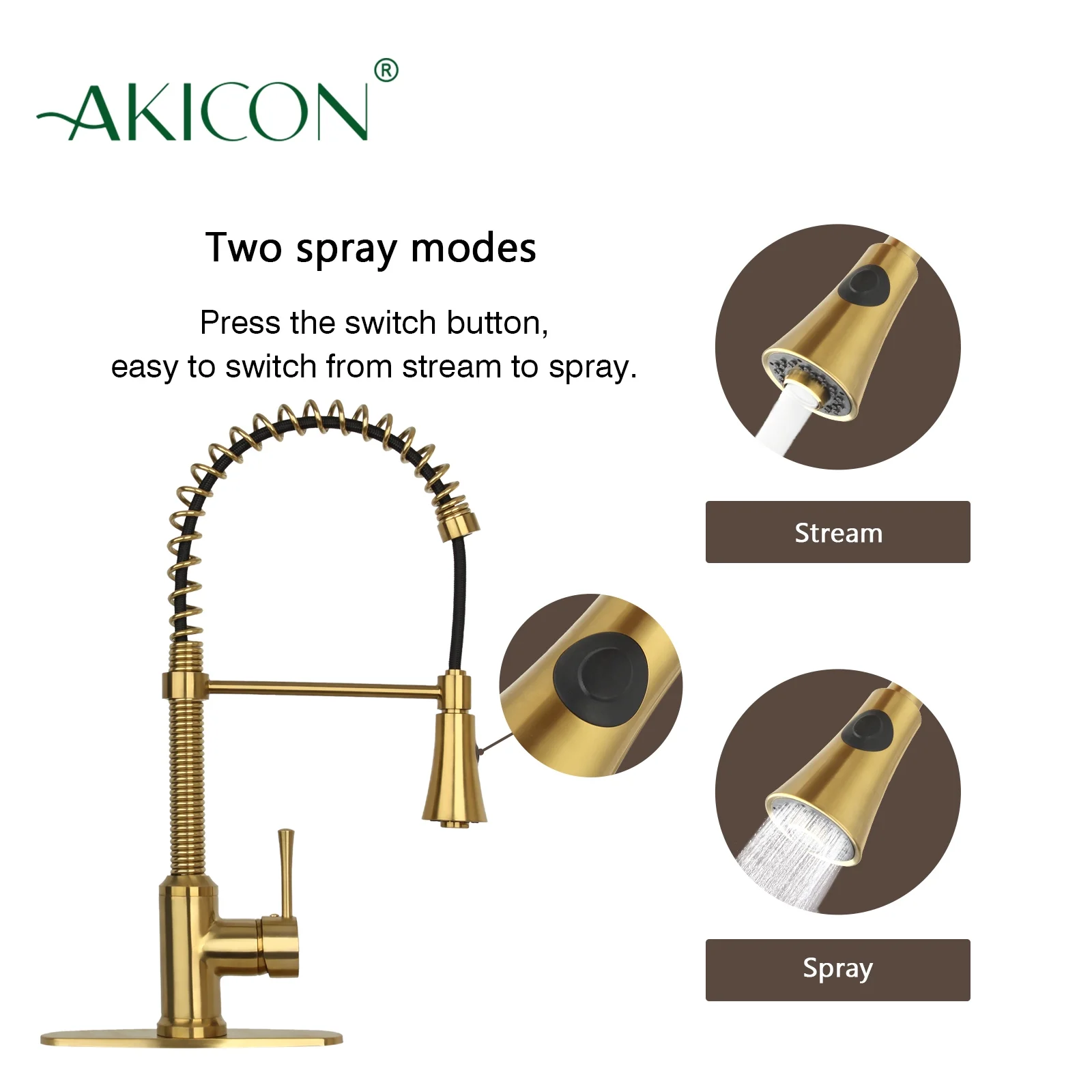 Akicon Pre-Rinse Spring Kitchen Faucet , Single Handle Solid Brass High Arc Pull Down Sprayer Head Kitchen Sink Faucet with Deck Plate - Brushed Gold
