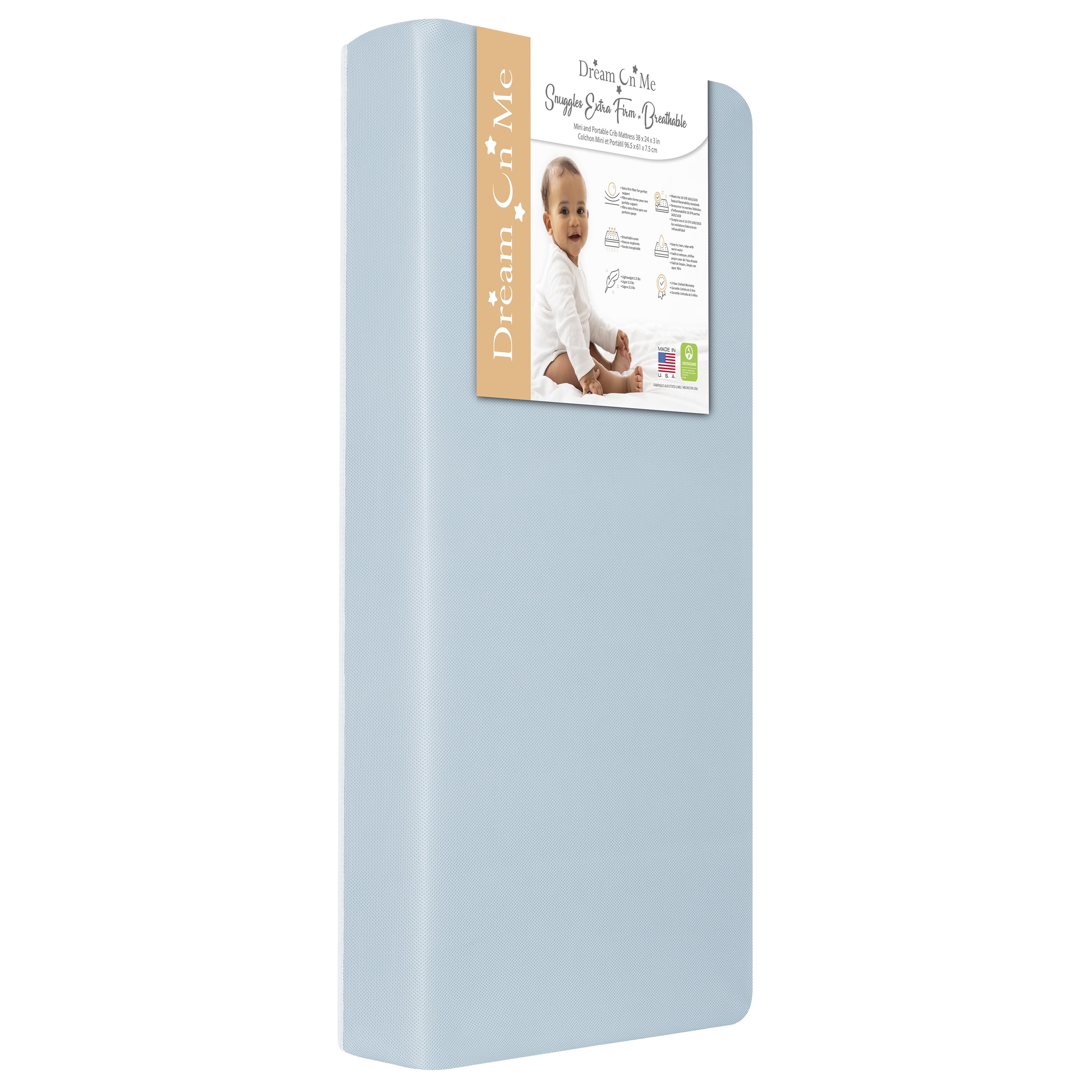 Dream On Me Snuggles Breathable Extra Firm Baby Portable/Mini Crib Fiber Mattress, Blue Mist