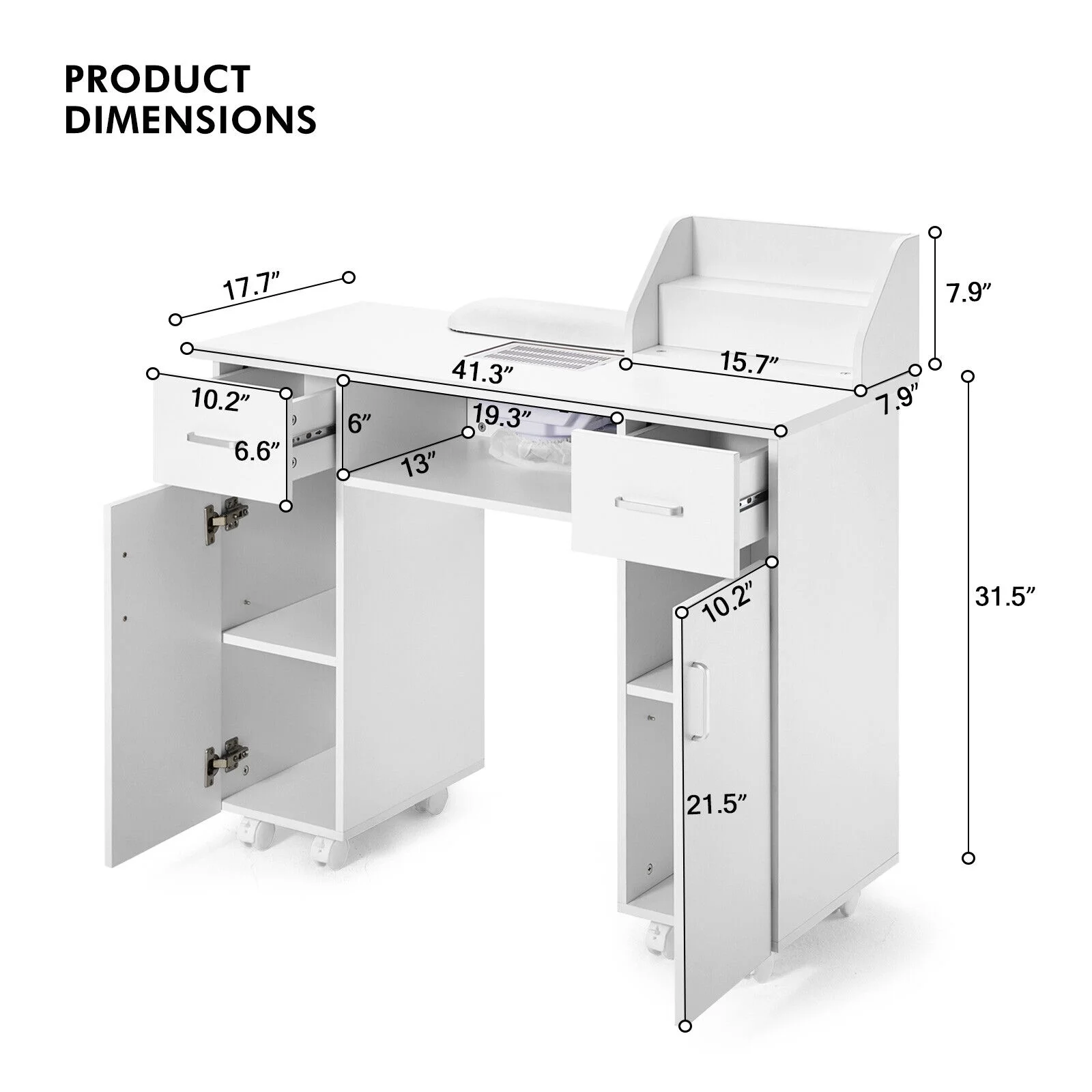Artist Hand Manicure Table Nail Table Desk Salon Beauty Workstation with Dust Collector, Storage Rack, 2 Drawers, 2 Doors, Wrist Cushion, Lockable Wheels
