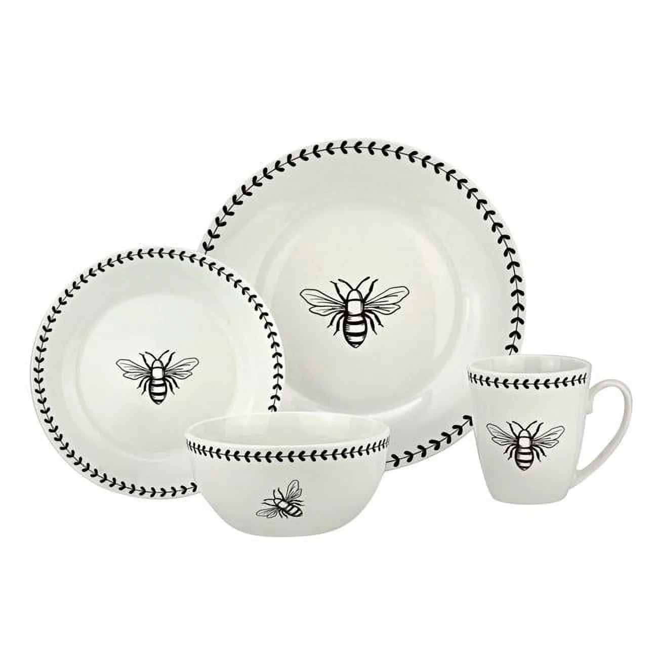 Godinger 65001 Beehive Porcelain Dinnerware Set - White & Black - 16 Piece