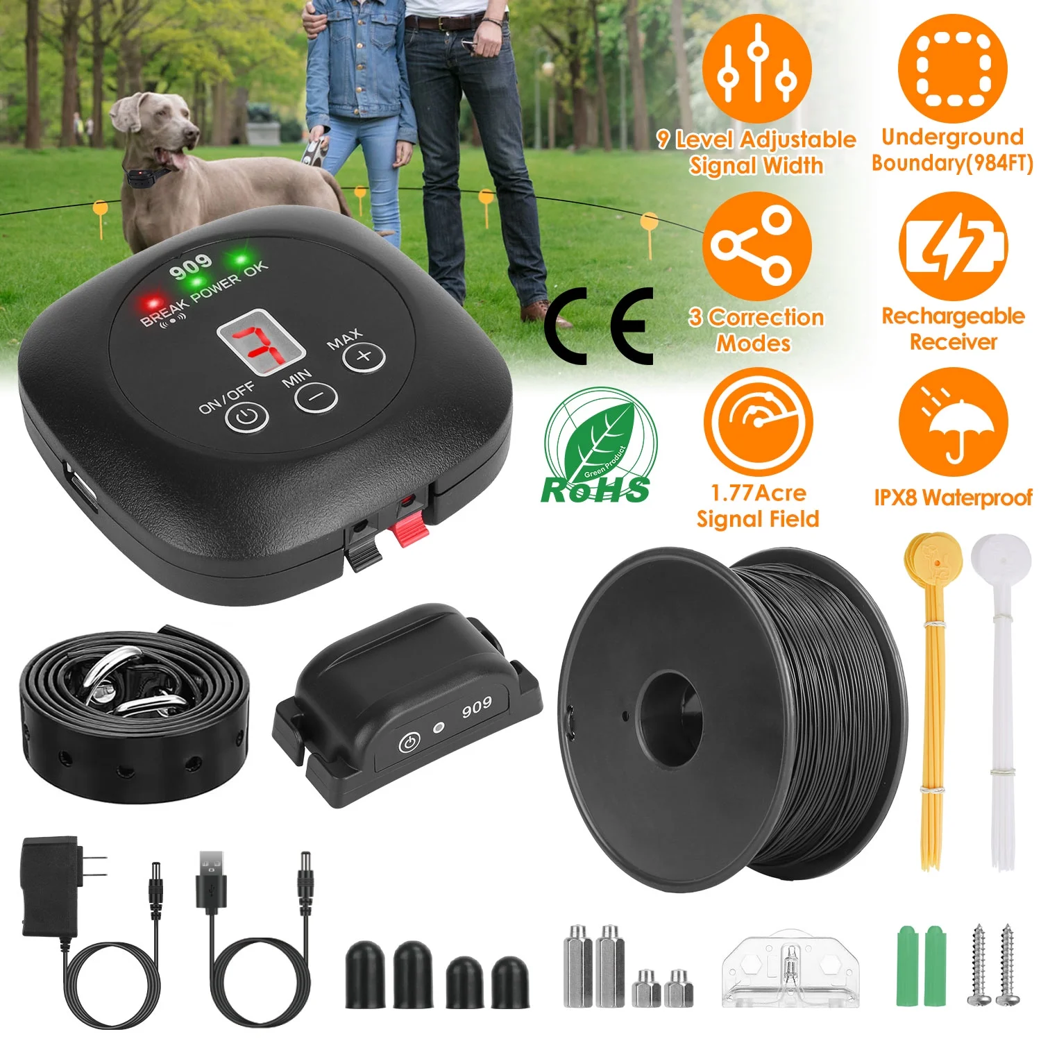 iMounTEK Electric Dog Fence System Pet Containment System with 9 Adjustable Levels IPX8 Waterproof Rechargeable Dog Training Collar for Small Medium Large Dogs, 1 Transmitter 1 Receiver