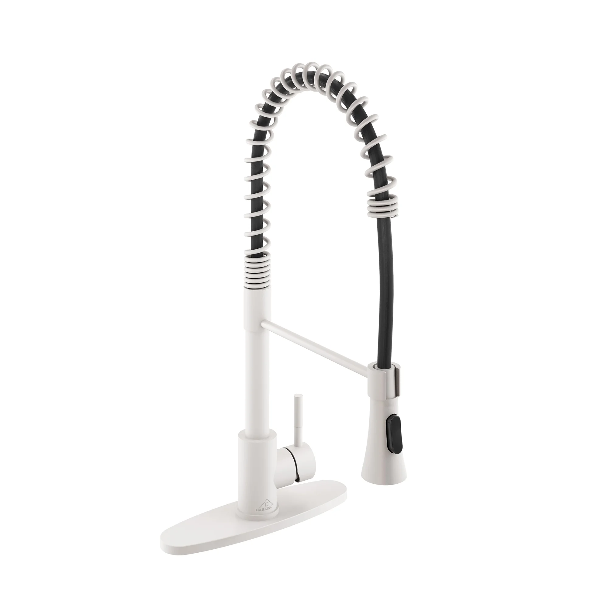Single Handle Spring Standard Kitchen Faucet Deck Mounted Kitchen Sink Faucet with Dual-Function Sprayhead and Deck Plate in Matte White