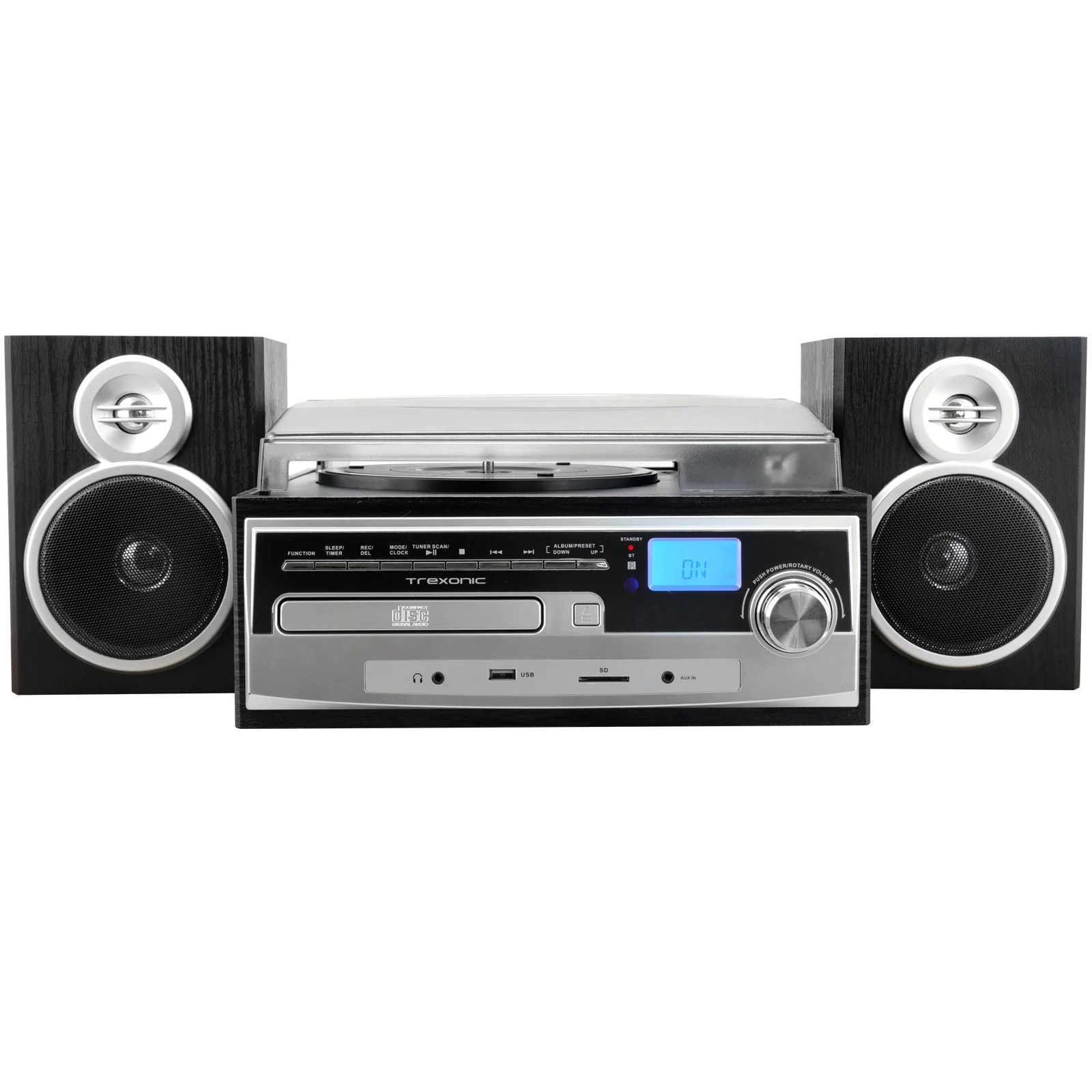 Trexonic 85104744M 3-Speed Turntable with Wired Shelf Speakers, Black