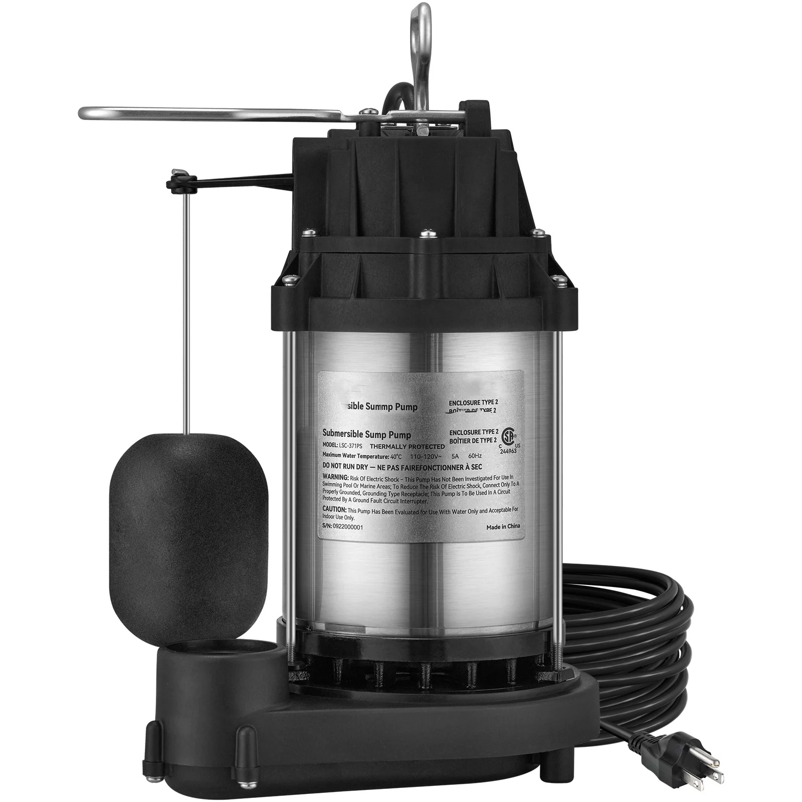 BENTISM Submersible Sump Pump Water Pump 1/2 HP 4320GPH Cast Iron Steel Basement