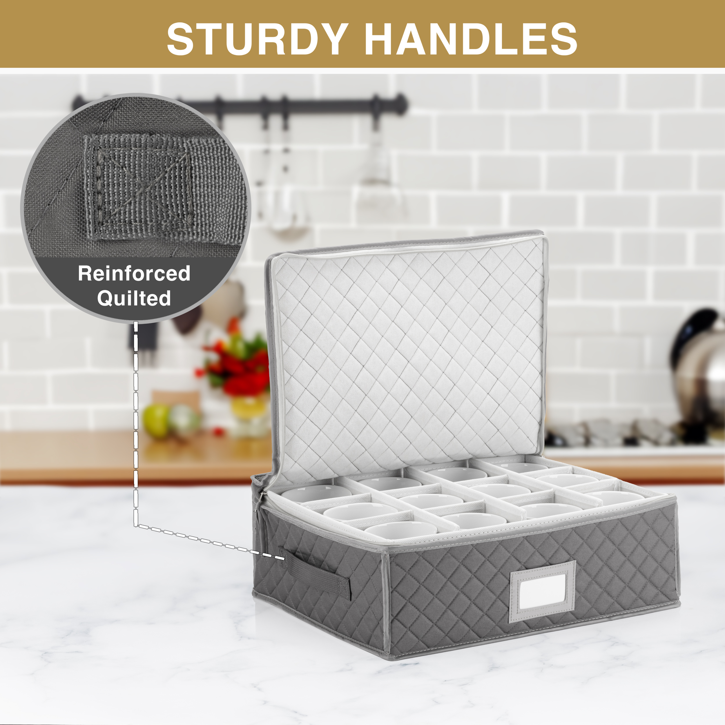 China Cup Storage Chest - Quilted Fabric Container in Gray Measuring 16