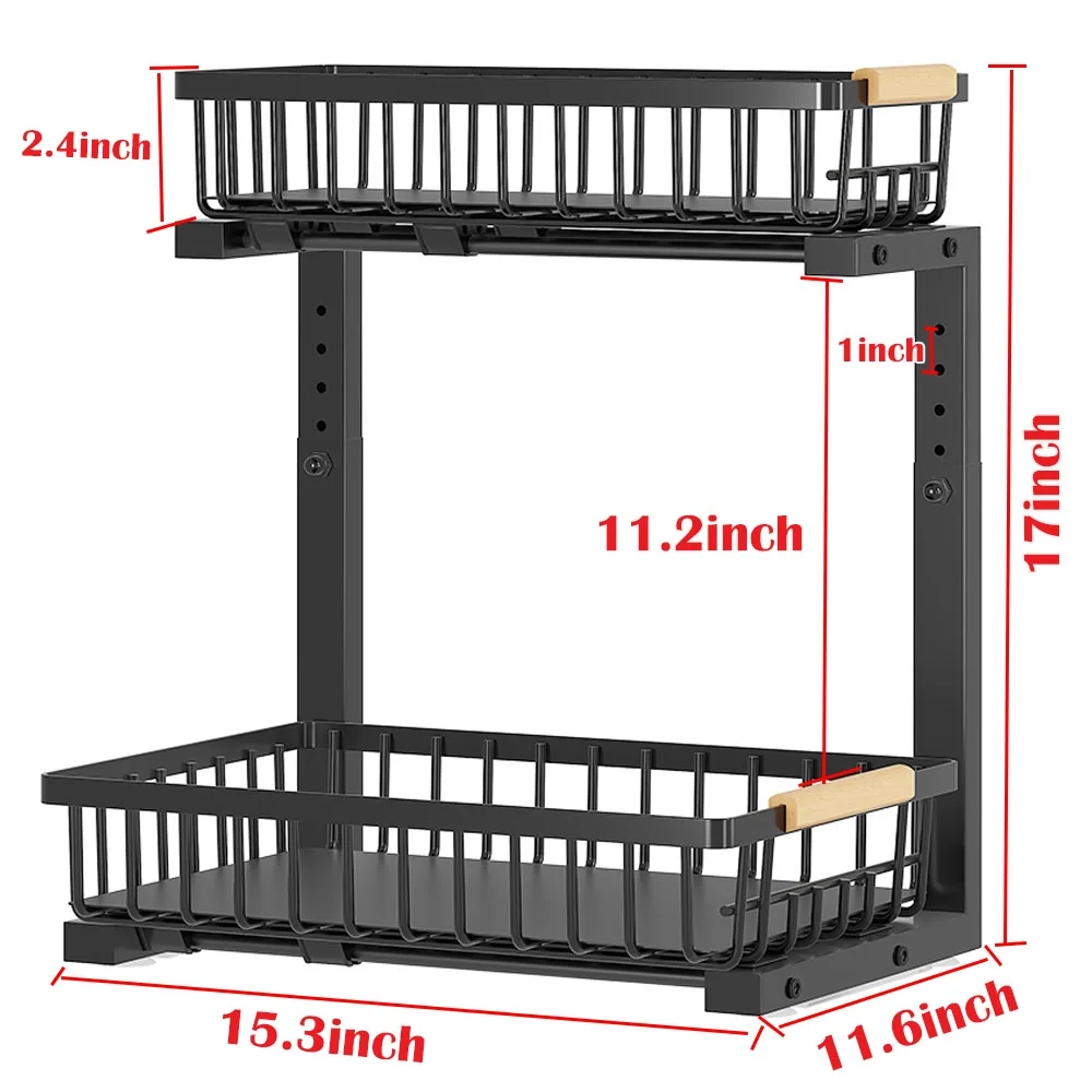 Sensch Under Sink Organizers Stainless Steel Storage 2 Tier Sliding Pull-out Organizer for Bathroom Kitchen, Black