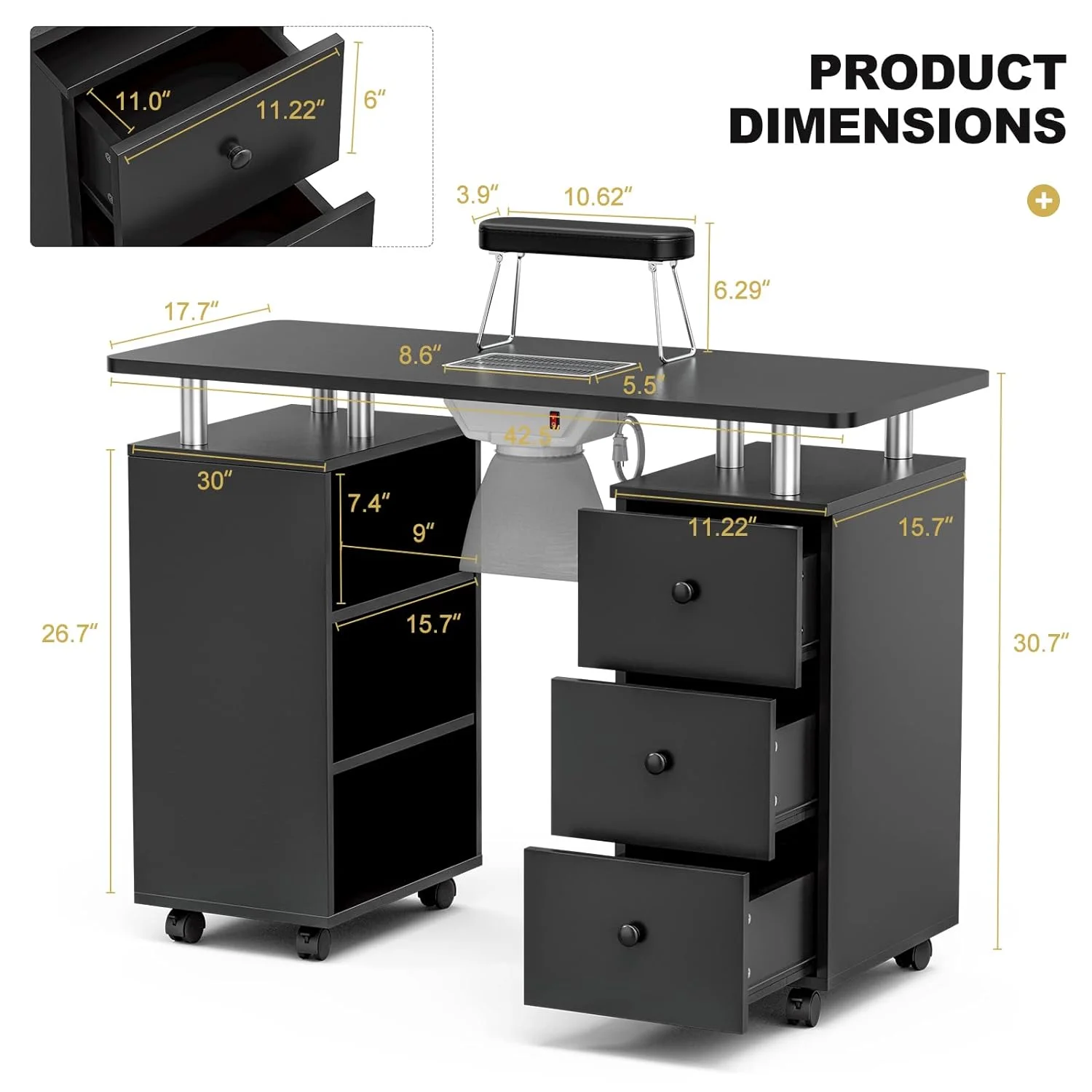 Paddie Manicure Table Set, Nail Beauty Manicure Desk Nail Table Station with No Wheels Chair for Nail Tech w/Electric Downdraft Vent, Foldable Nail Arm Rest, Lockable Wheels