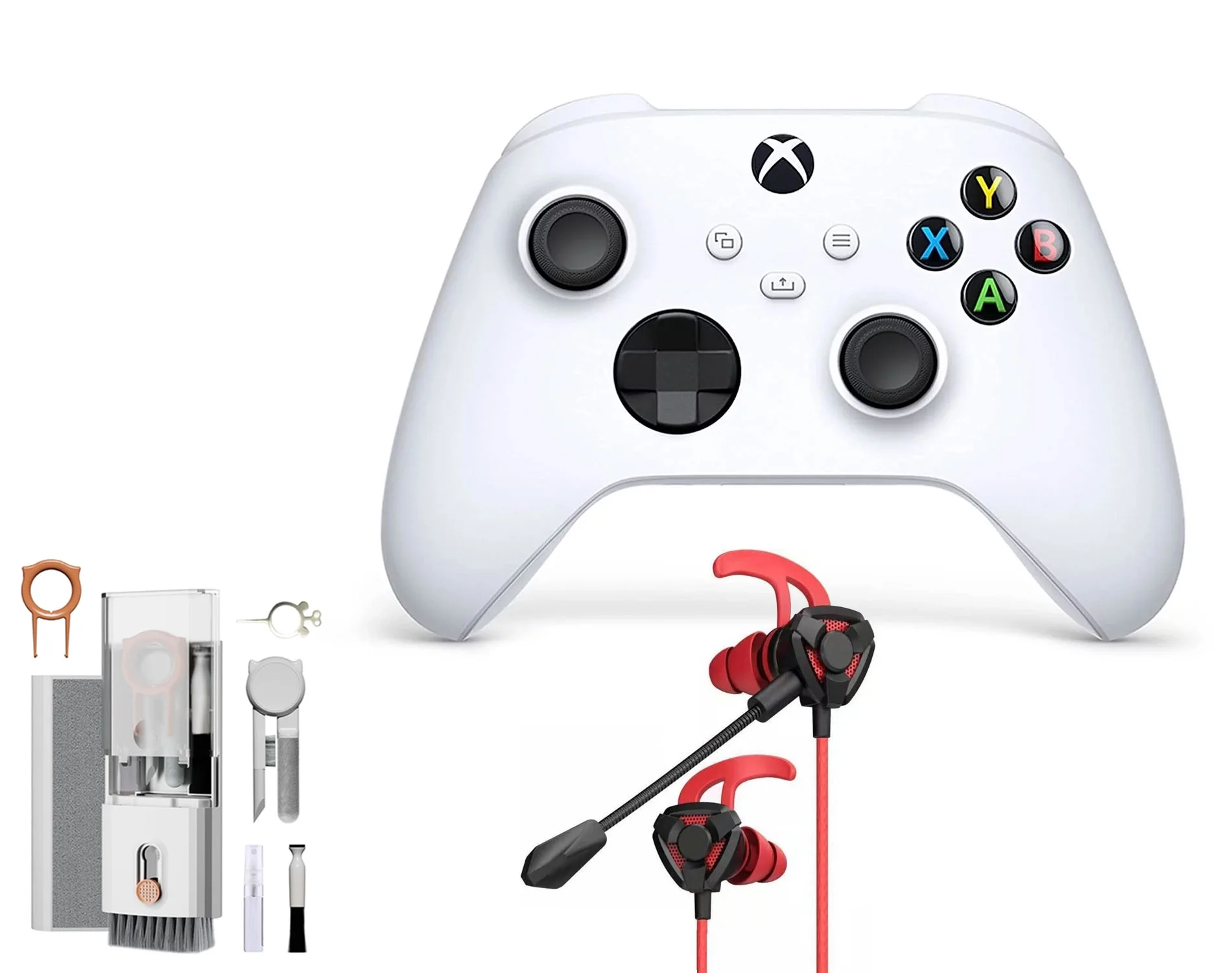 Microsoft Xbox Wireless Robot White Controller for Xbox Console + Wired Earbuds With Cleaning Kit BOLT AXTION Bundle Used