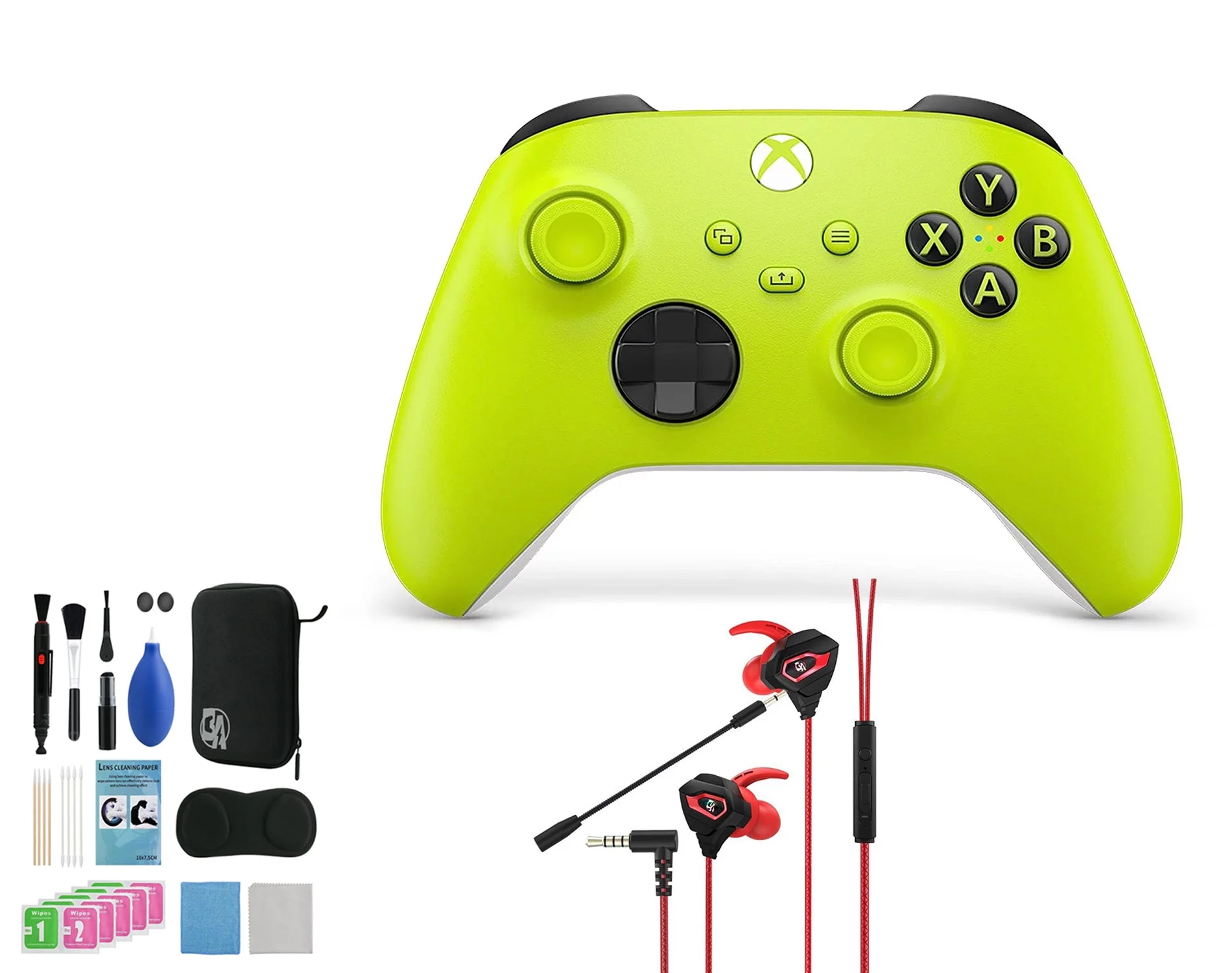Microsoft Xbox Wireless Yellow Controller for Xbox Console + Wired Earbuds With Cleaning Kit BOLT AXTION Bundle Used