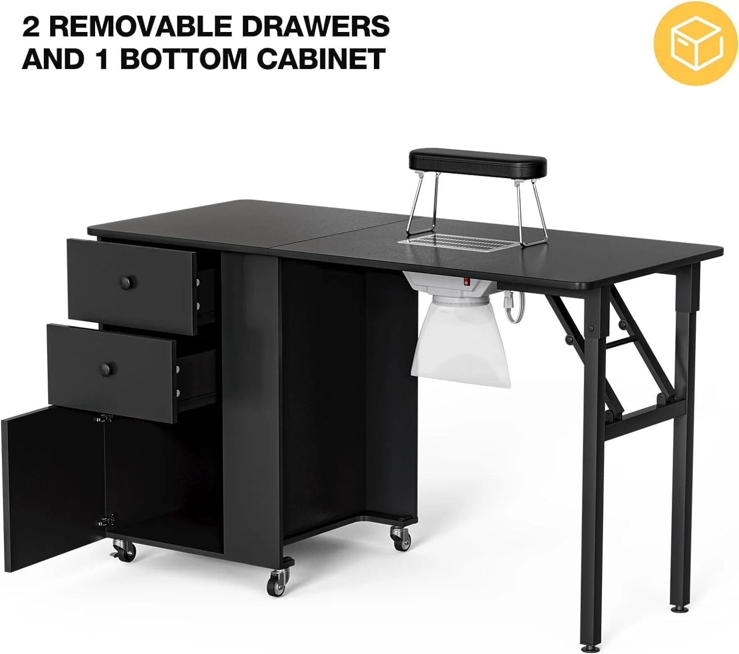 YiSHOP Foldable Manicure Table Nail Desk, Foldable Rolling Nail Table Station with Built-in Dust Collector, Adjustable Length, Wrist Pad & Lockable Rolling Wheels, Storage Desk for Nail Tech(Black)