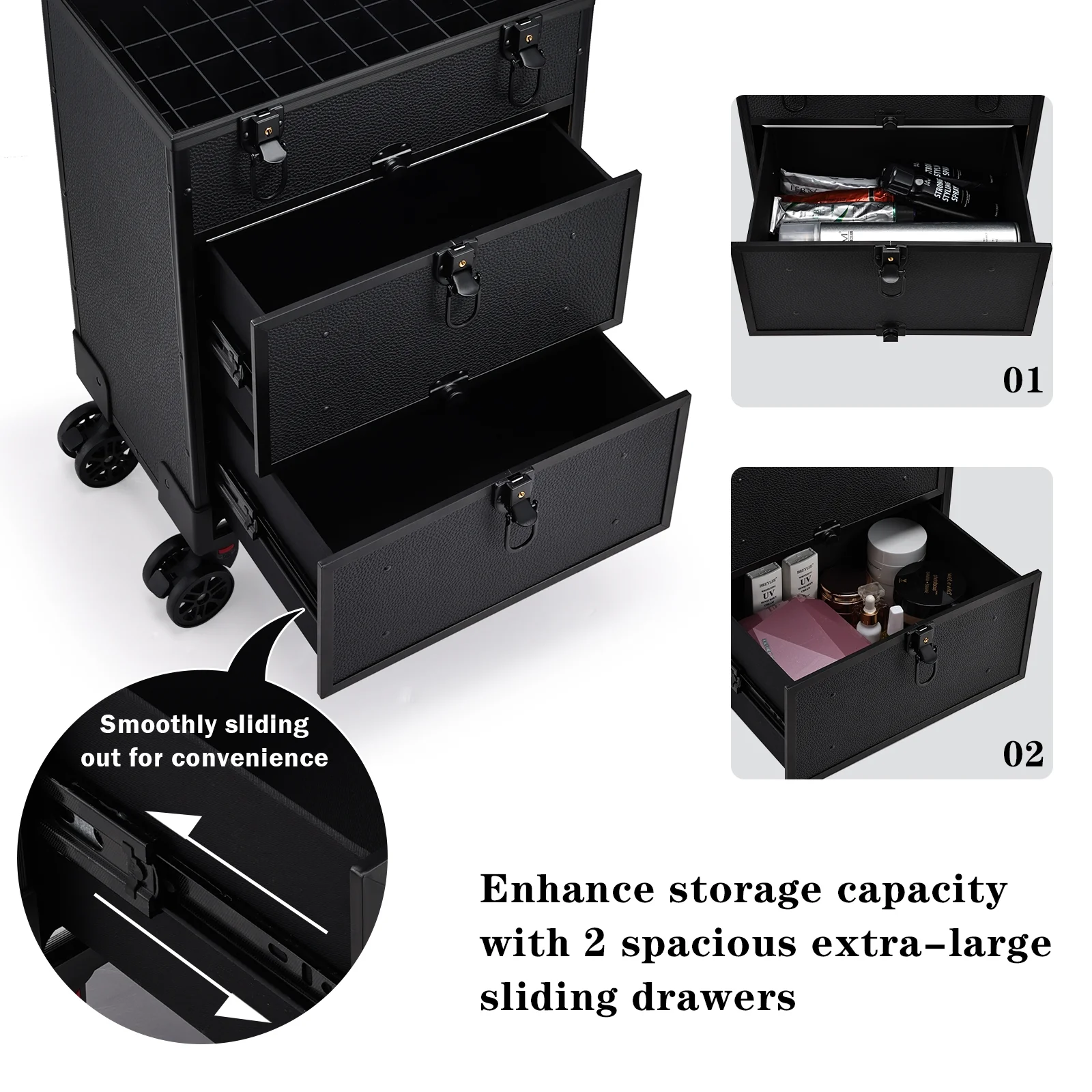 Rolling Makeup Train Case with 2 Drawers Large Nail Polish Organizer Case with Wheels Cosmetic Trolley, Black