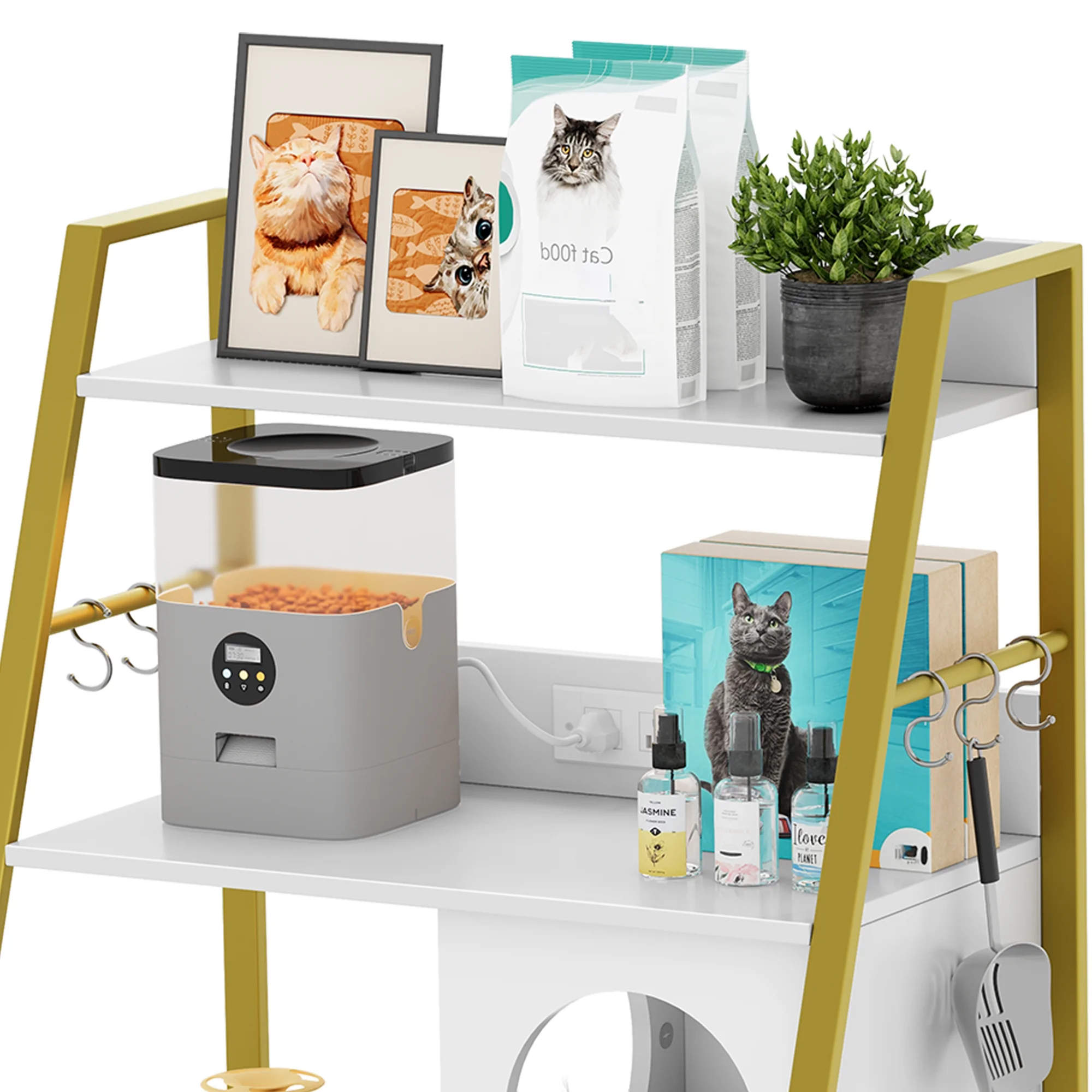 Dextrus Large Hidden Litter Cat Box Enclosure with Charging Station, 3 Shelves and Storage, Indoor Cat Box/House with Cat Tree for Most Litter Box - White & Gold