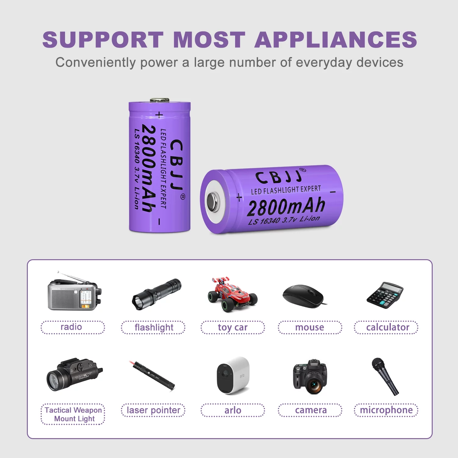 CBJJ 16340 Rechargeable Batteries 3.7v Cell 2800mah Lithium Ion Battery 8PCS