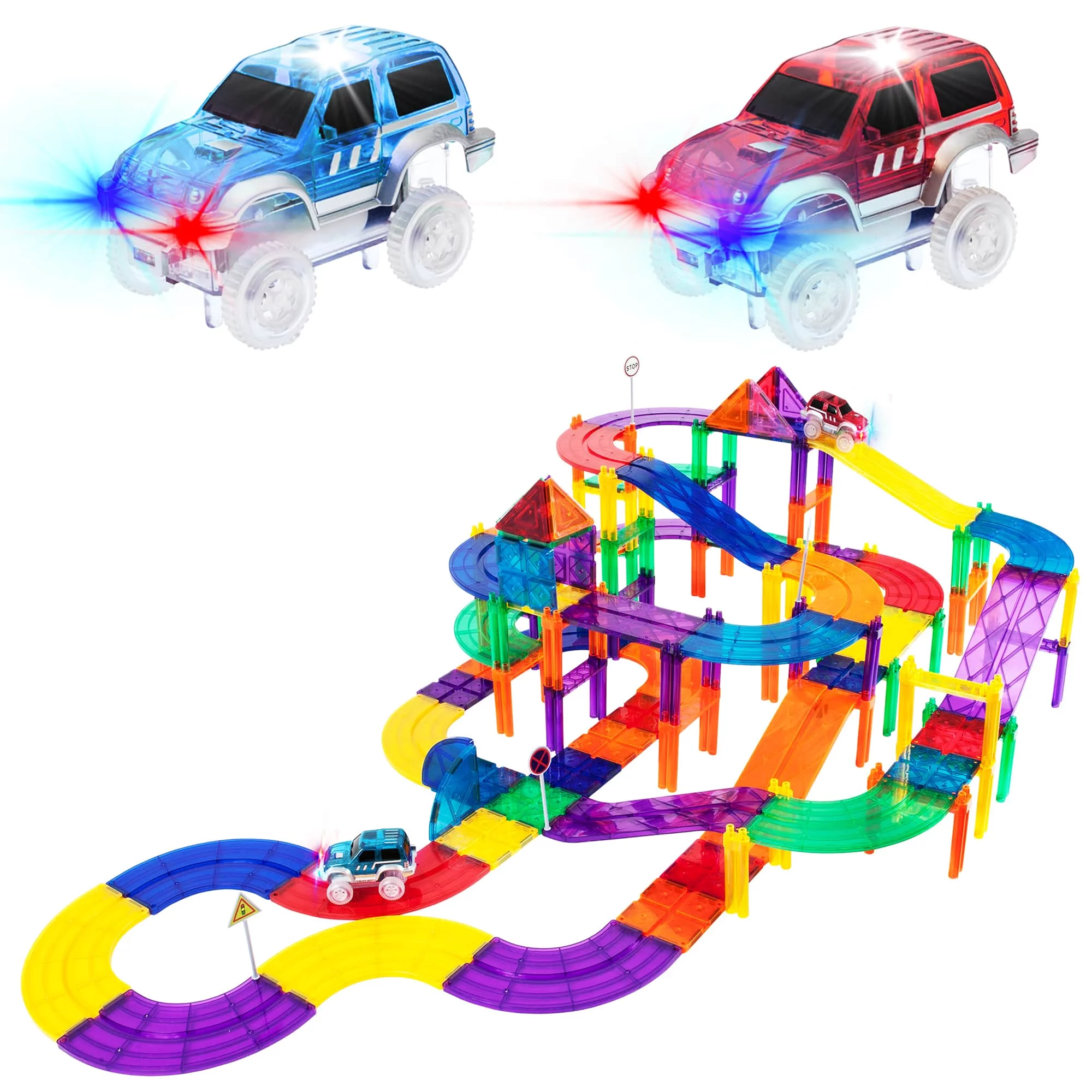 PicassoTiles 100 Pcs Race Car Track Magnet Building Blocks Toys for Girls and Boys Ages 3+ PTR100