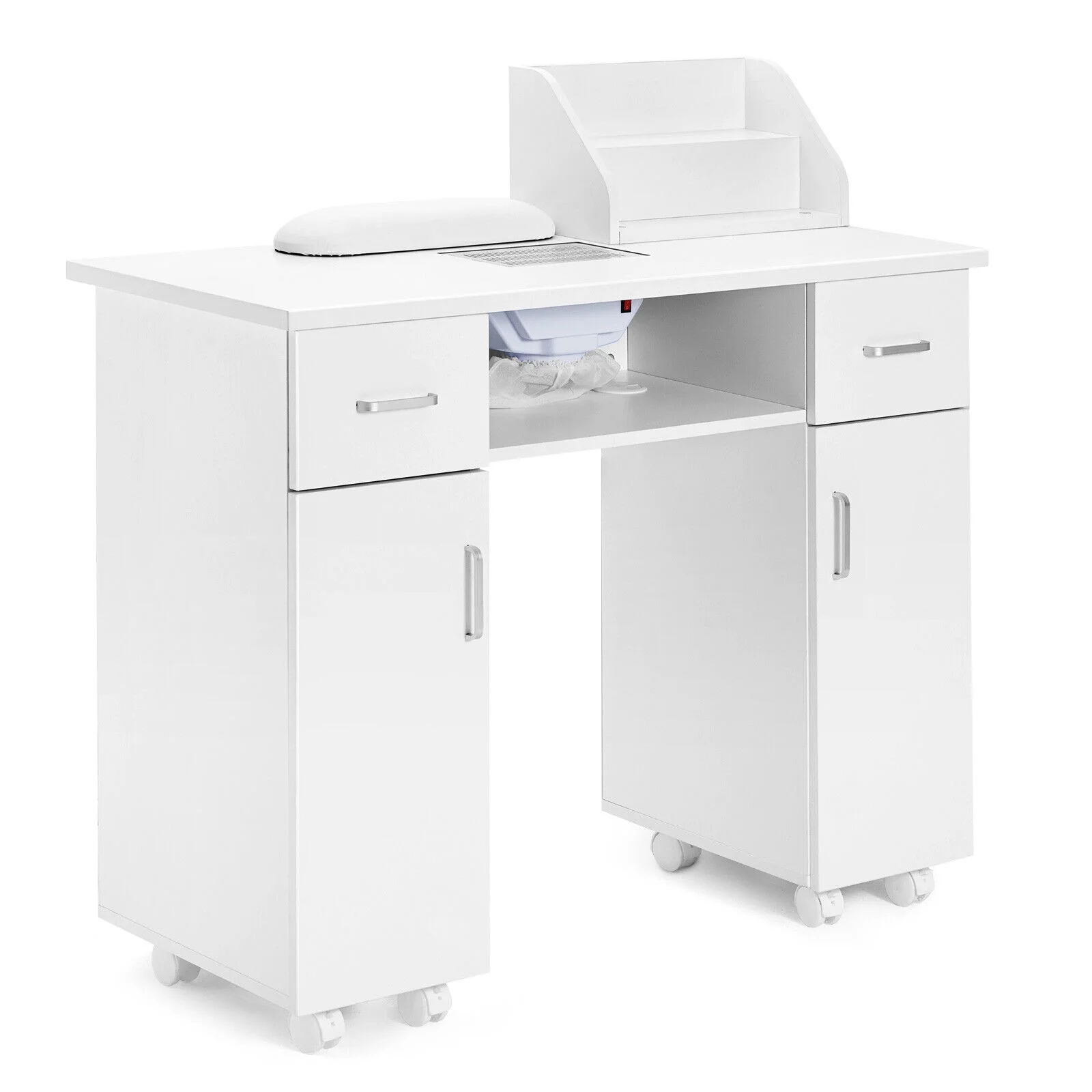 Artist Hand Manicure Table Nail Table Desk Salon Beauty Workstation with Dust Collector, Storage Rack, 2 Drawers, 2 Doors, Wrist Cushion, Lockable Wheels