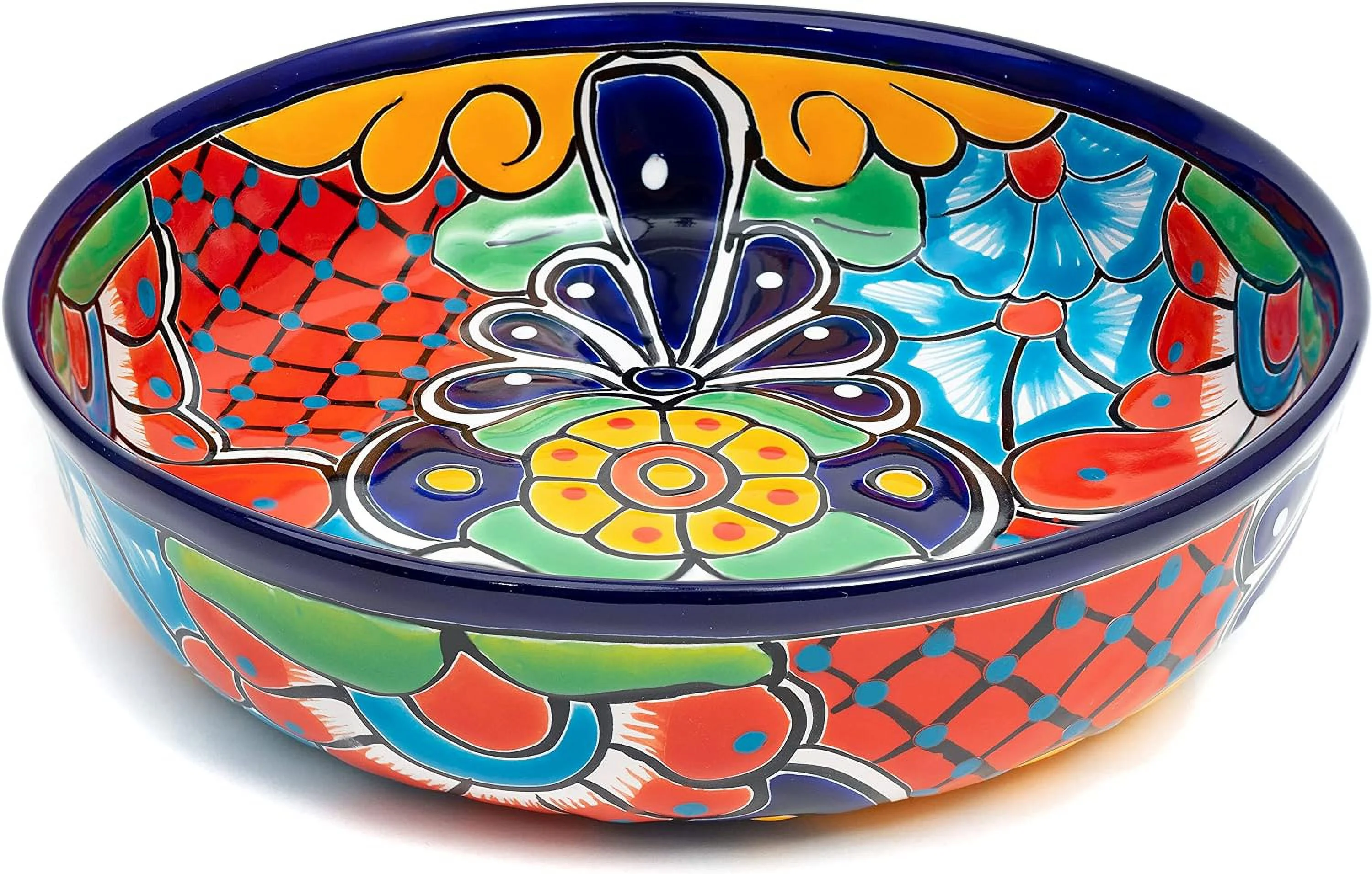 Mexican Talavera Ceramic Hand-Painted Large Serving Bowl Pasta Bowl Fruit Bowl Salad Bowl Party Platter Holiday Bakeware Dish (Cobalt)