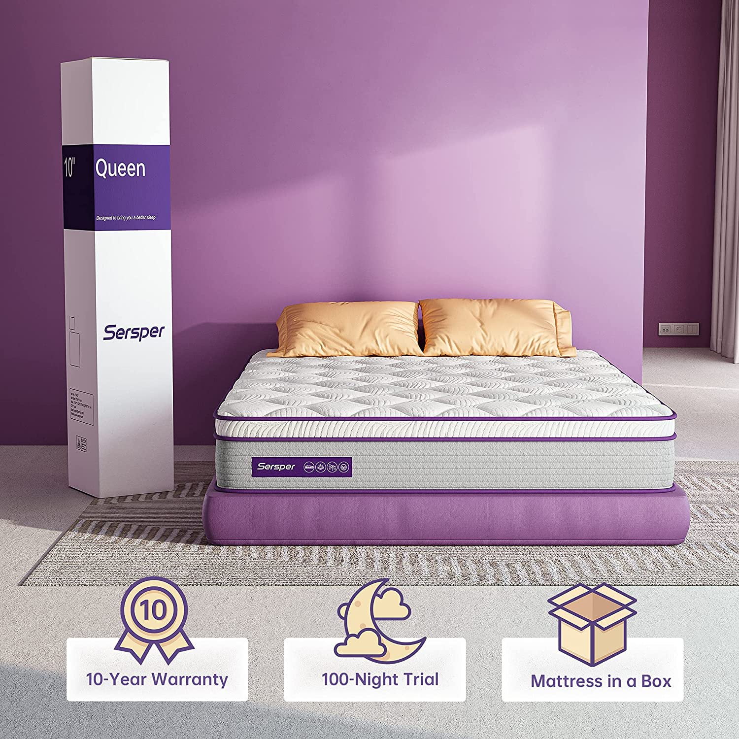 Twin Mattress 12 Inch, Sersper Euro Top Memory Foam Hybrid Mattress, Relieves Pain & Pressure Points, No-Risk 100-Night Trial