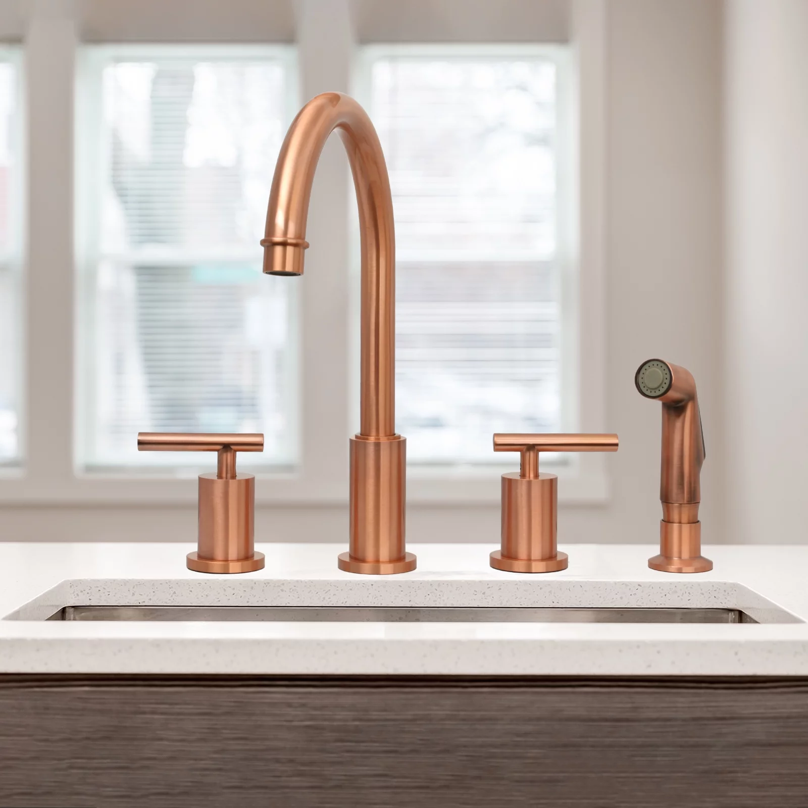Akicon Two-Handles Copper Widespread Kitchen Faucet with Side Spray - 12.5