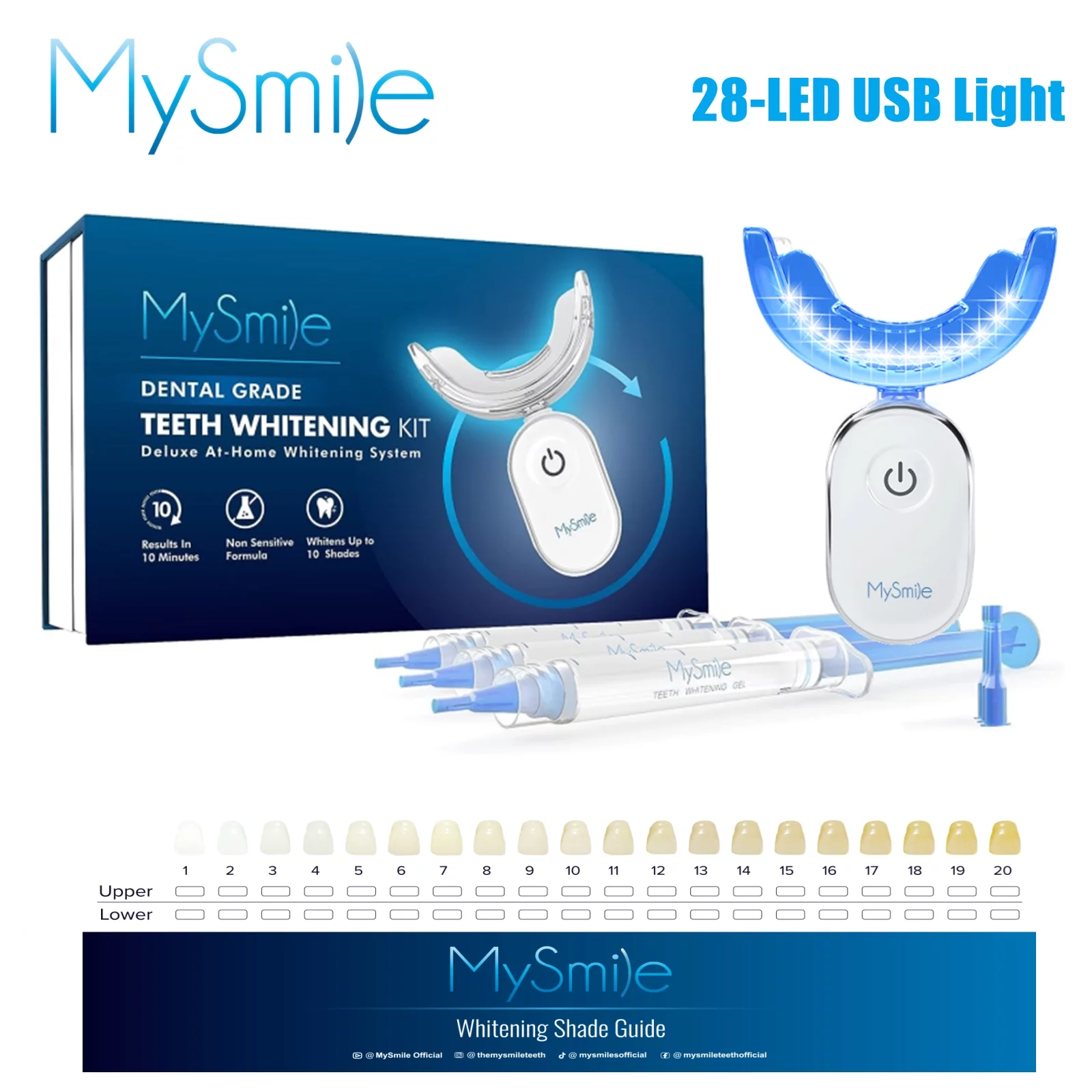 MySmile 6*3ml 35% Teeth Whitening Kit with 28-LED USB Light, Tooth Whitener, Non Sensitive Teeth Whitening Carbamide Peroxide Refill Pack Gel, 10 Minutes Whitening Treatment