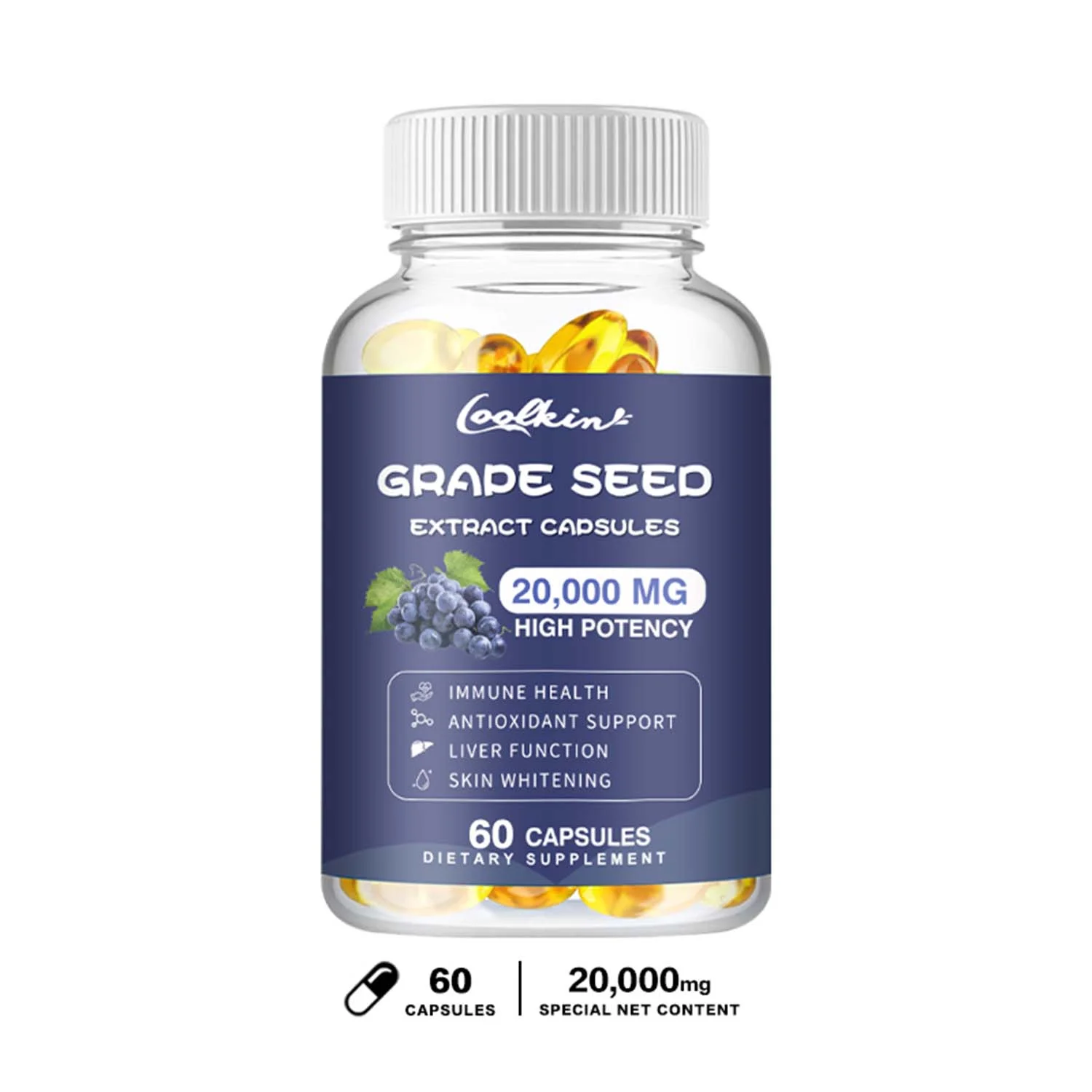 Coolkin Grape Seeds Extract Capsules 20,000mg - 95% Polyphenols, Antioxidant Support (30/60/120pcs)