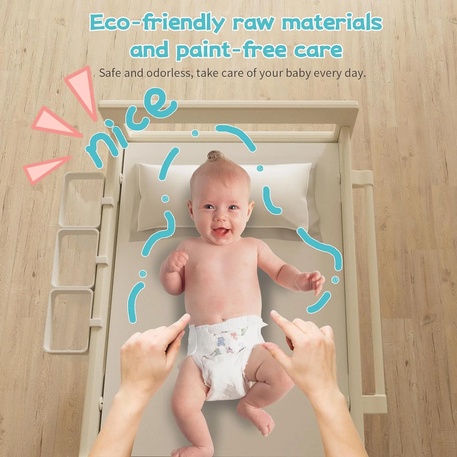 Baby Changing Table with Waterproof pad, Diaper Changing Station with Wheels, Portable Mobile Nursery Organizer for Newborn and Infant, Features Large Storage and Shelf, Beige