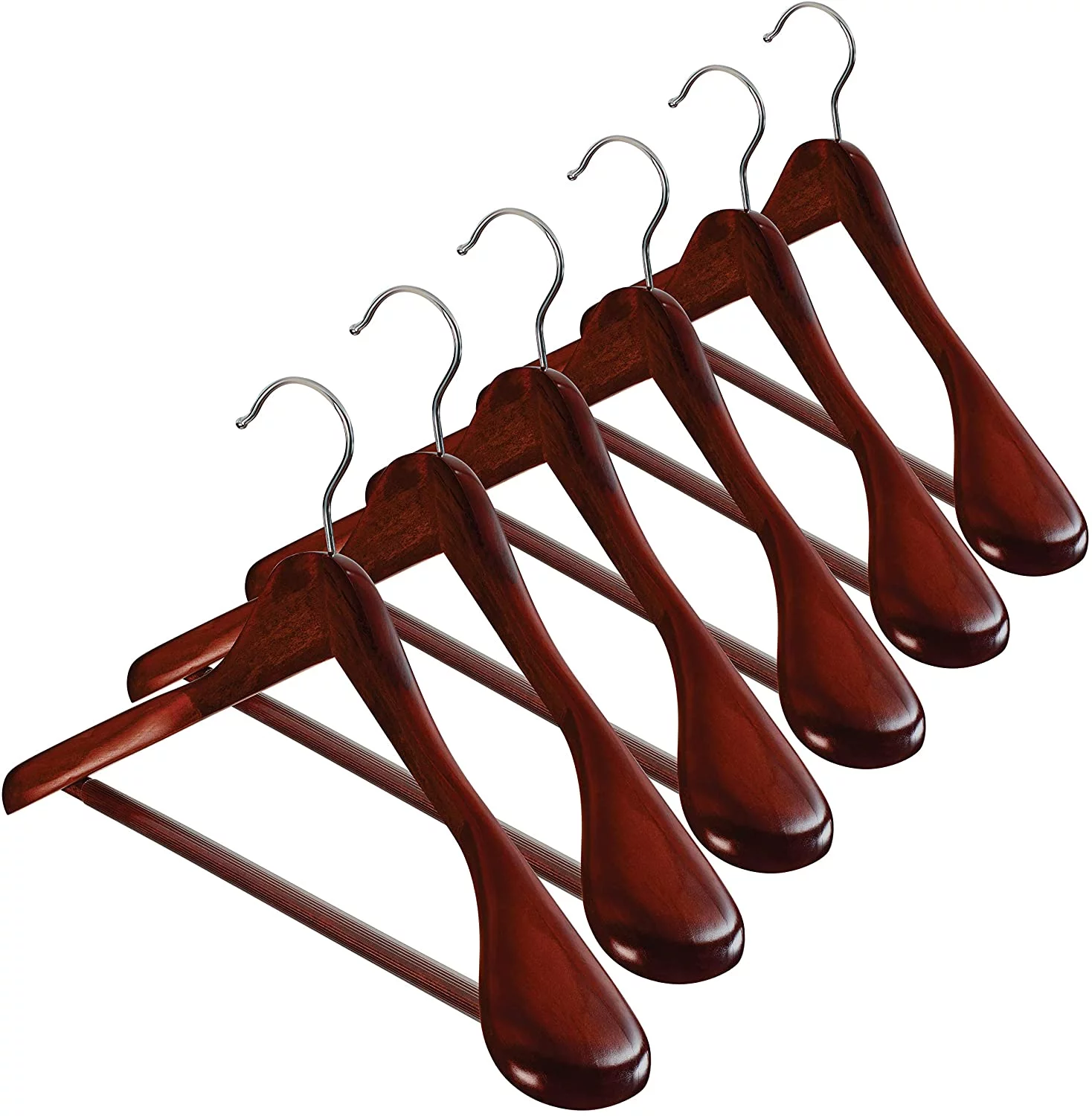 High-Grade Wide Shoulder Wooden Hangers 6 Pack with Non Slip Pants Bar - Smooth Finish Solid Wood Suit Hanger Coat Hanger, Holds upto 20lbs, 360° Swivel Hook, for Dress, Jacket, Heavy Clothes Hangers