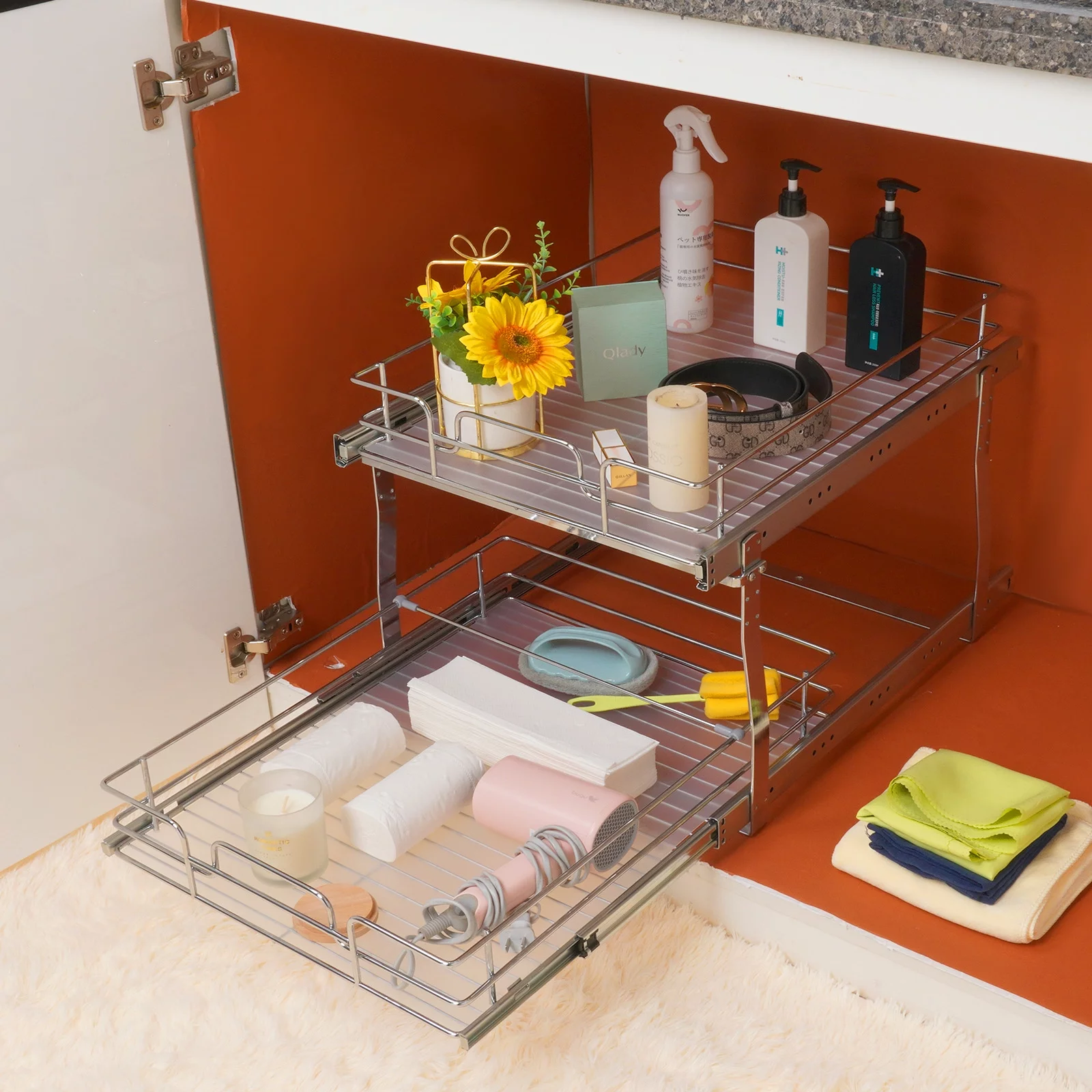 BENTISM 2 Tier Wire Pull Out Cabinet Under Sink Organizer  Drawer Cabinet Storage Metal Shelf Organizer 18''x20'' Drawer Basket