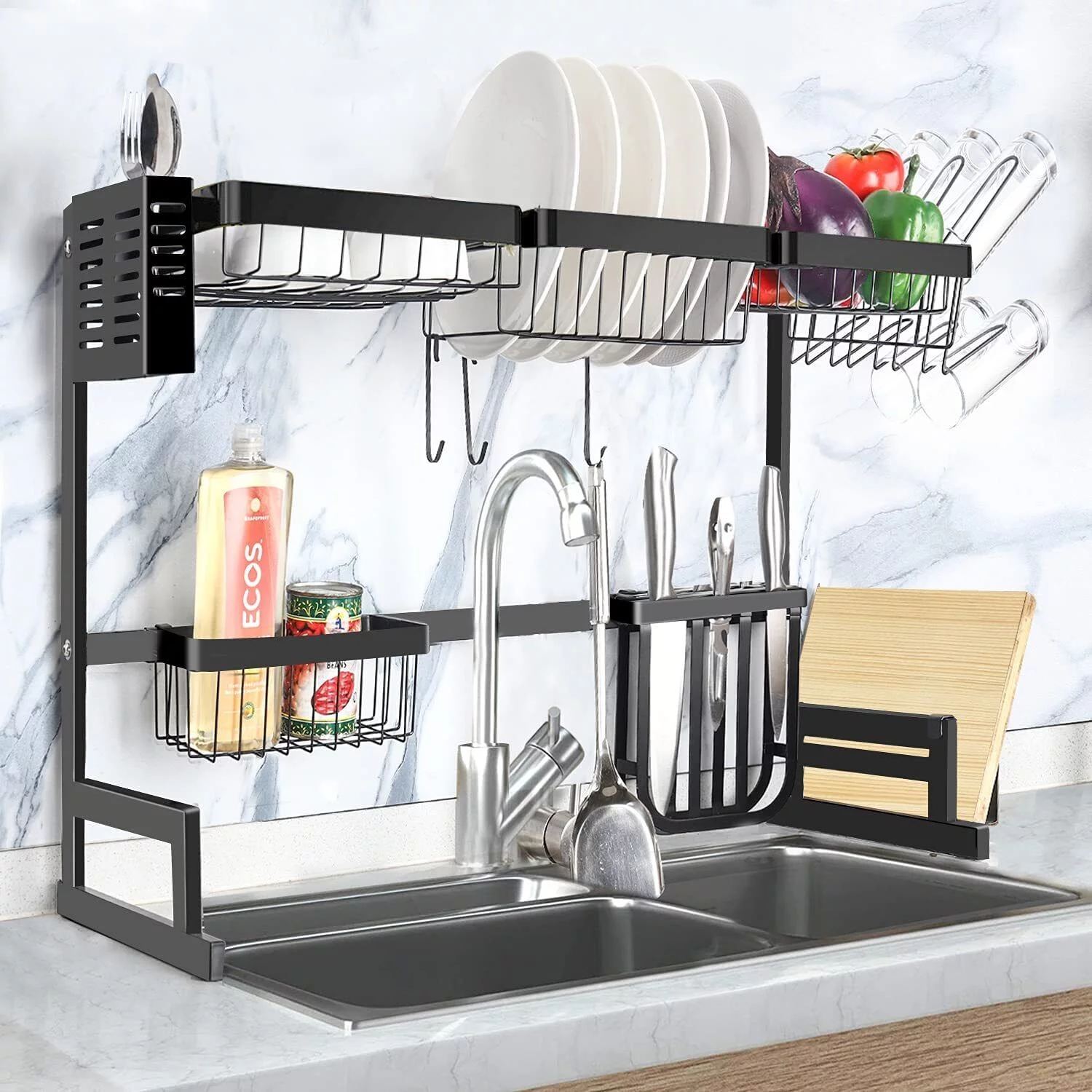2Tier Over The Sink Dish Drying Rack Adjustable Stainless Drainer Utensil Holder