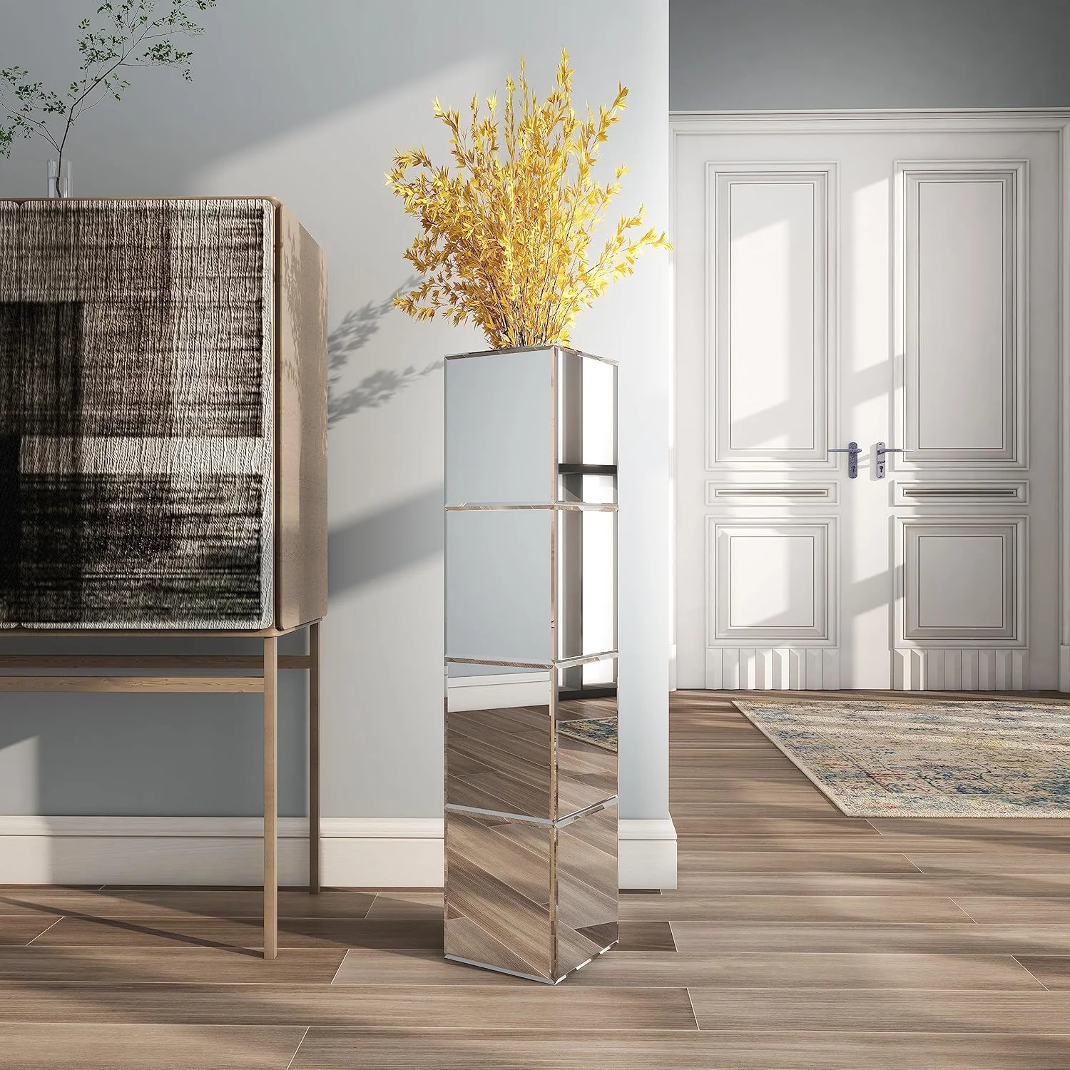 YUMIAO Tall Floor Mirror Vase Large Decorative Vases Flower Silver Glass Vases for Decor Room, Modern Crystal Cuboid Mirrored Elegant Centerpiece for Dried Flower Arrangements Deco, 28