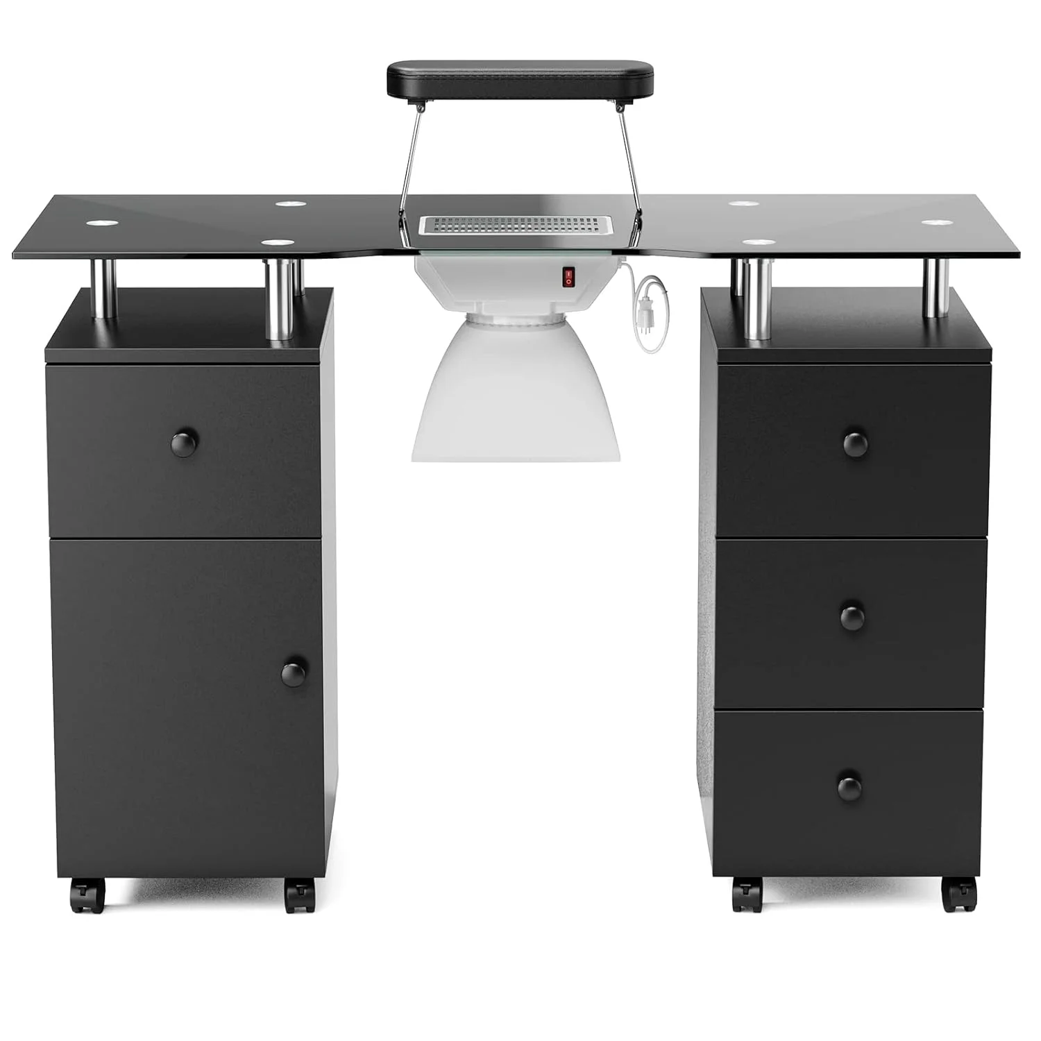 YiSHOP  Manicure Table, Glass Table Top Nail Table Station Nail Makeup Desk for Nail Tech w/Electric Downdraft Vent, Foldable Nail Arm Rest, Lockable Wheels, Storage Drawers, Wooden Handles (Black)