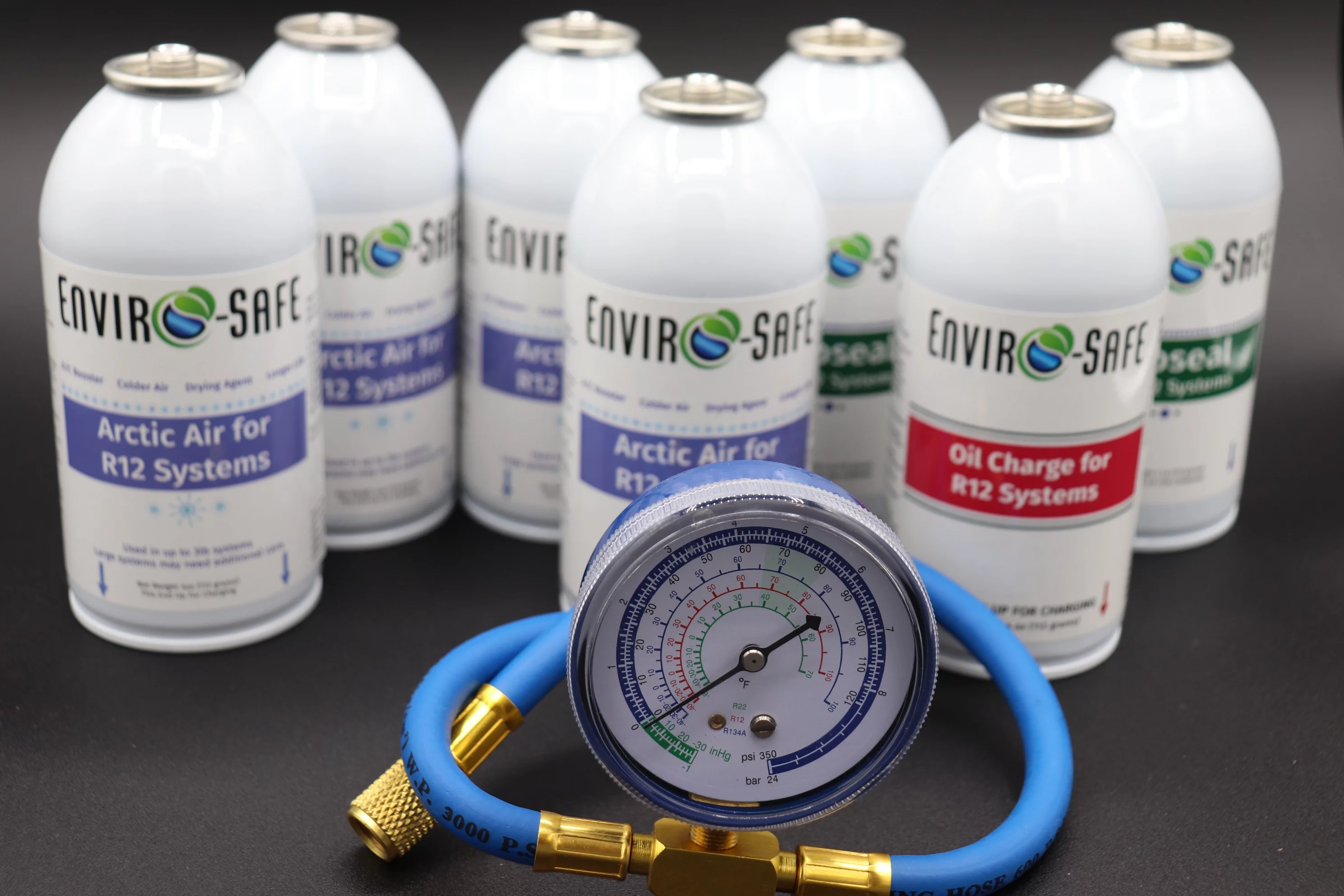 Arctic air for R12, Proseal, and Oil Charge for R-12a systems with gauge